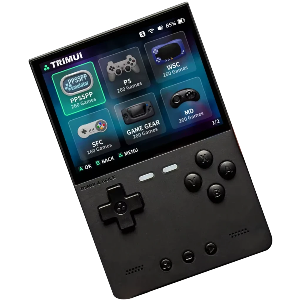 Console rétro Trimui Brick noire sans carte SD, écran couleur, croix directionnelle, six boutons en façade, interface affichant collections de jeux rétro