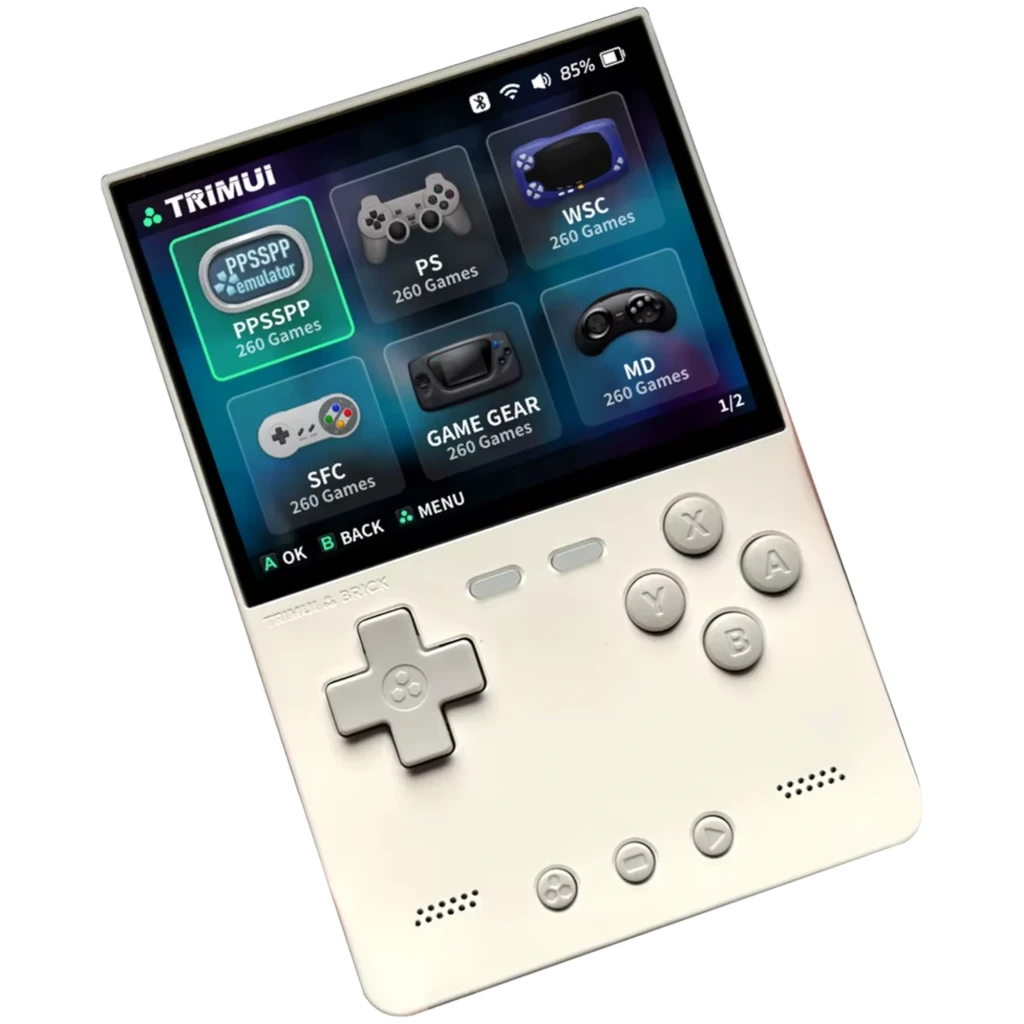 Trimui Brick sans carte SD Blanc Console rétro compacte avec écran couleur, croix directionnelle, 6 boutons frontaux et haut-parleurs intégrés