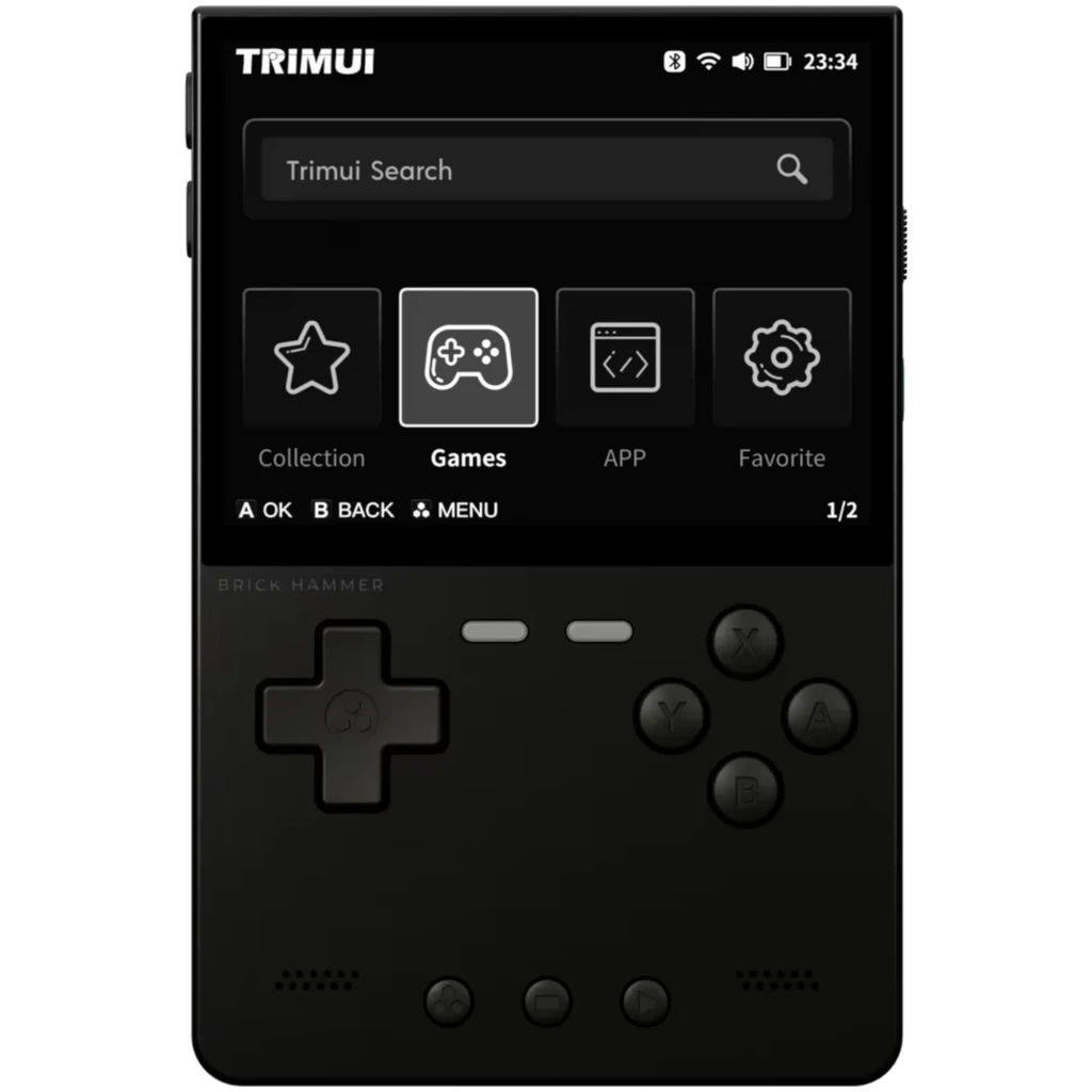 Trimui Brick Hammer Metal sans carte SD Noir Console rétro avec écran monochrome, croix directionnelle, 6 boutons, haut-parleur et interface Games apparente