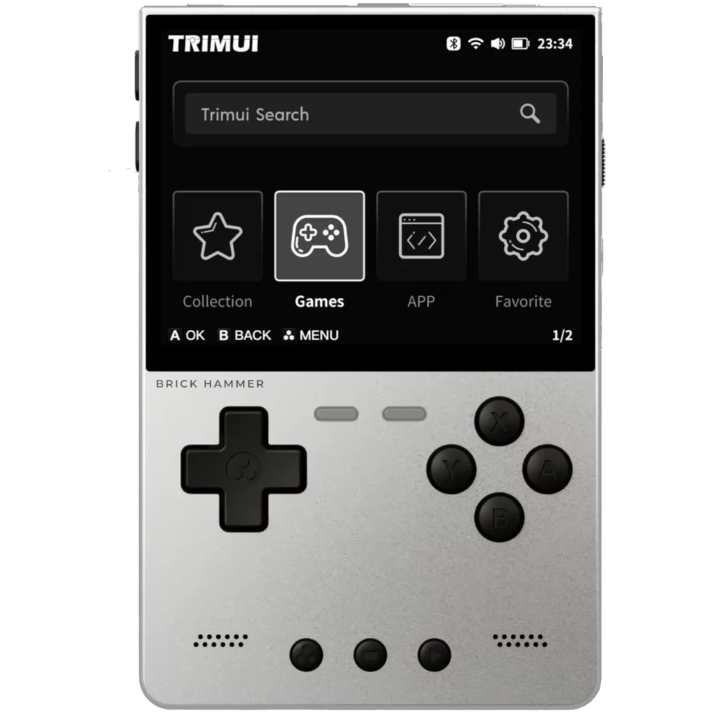 Trimui Brick Hammer Metal Argent sans carte SD, console rétro compacte avec écran, croix directionnelle à gauche, boutons A B X Y à droite et commandes