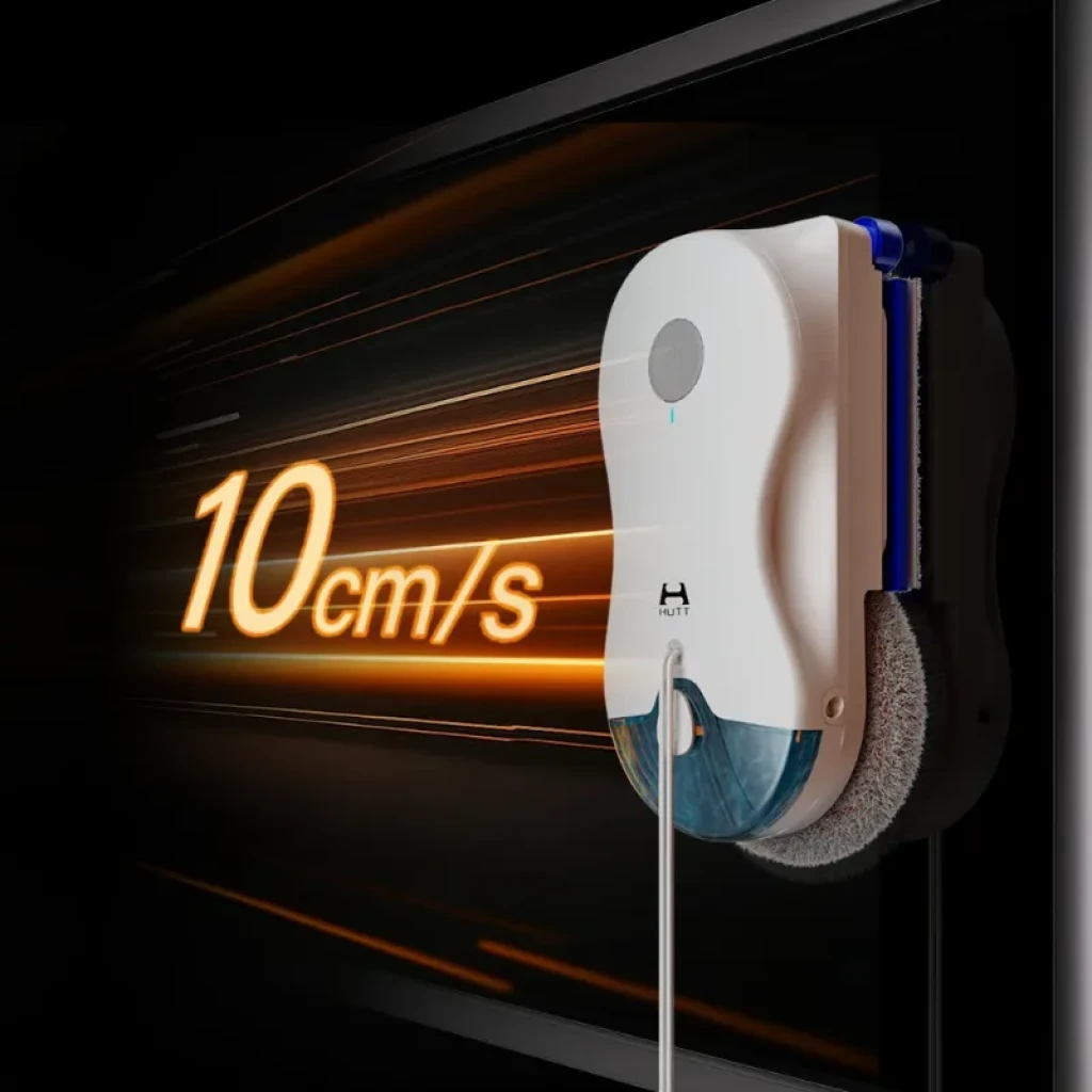 HUTT T10 Robot Limpiacristales con velocidad 10 cm/s, cuerpo blanco compacto, depósito frontal azul, almohadillas dobles y cable de alimentación visible