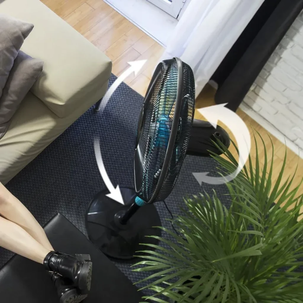 Cecotec EnergySilence 510 Negro 40W, ventilador de pie con rejilla negra, aspas azules y base redonda; altura regulable y oscilación panorámica