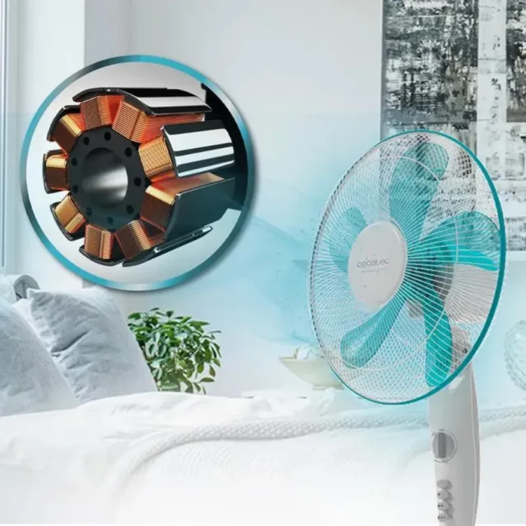 Detalle de motor de cobre y 5 aspas del ventilador Cecotec EnergySilence