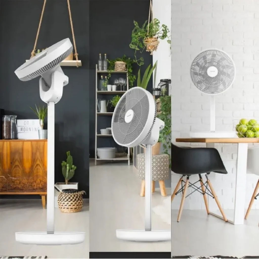 Ventilador de pie blanco 3 en 1 con cabezal redondo inclinable, rejilla fina y base estable; diseño moderno para interior, altura ajustable y silencioso