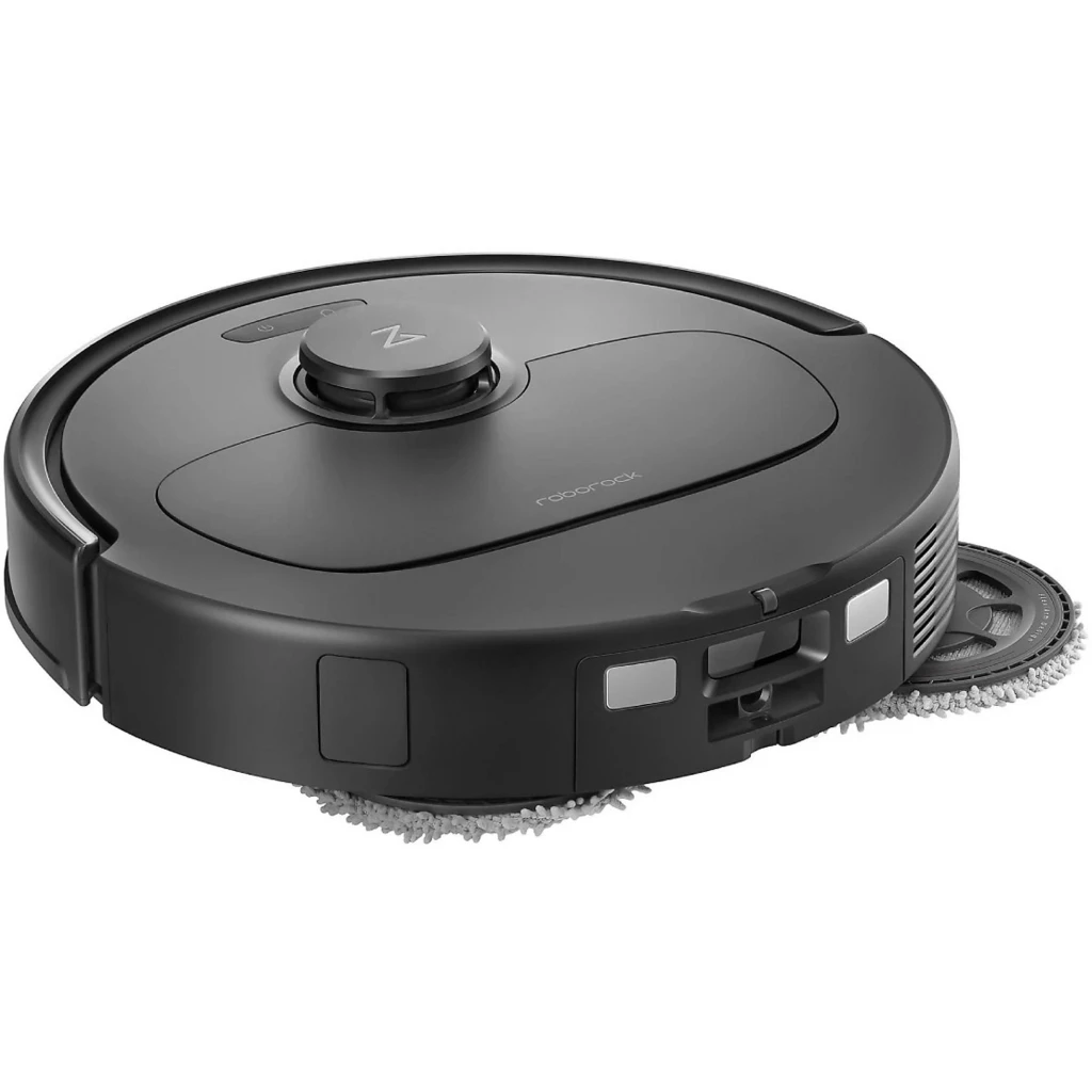 Roborock Qrevo MaxV Negro: robot aspirador circular negro mate con torreta láser superior y dos mopas giratorias laterales de microfibra