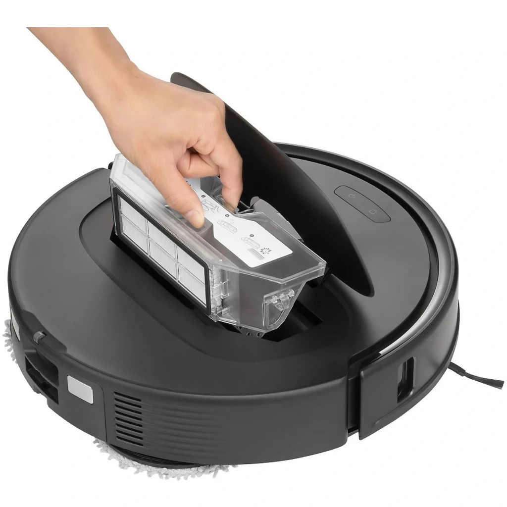 Roborock Qrevo MaxV Negro: robot aspirador circular con tapa abierta mostrando depósito extraíble transparente y filtros, acabado mate y botones táctiles