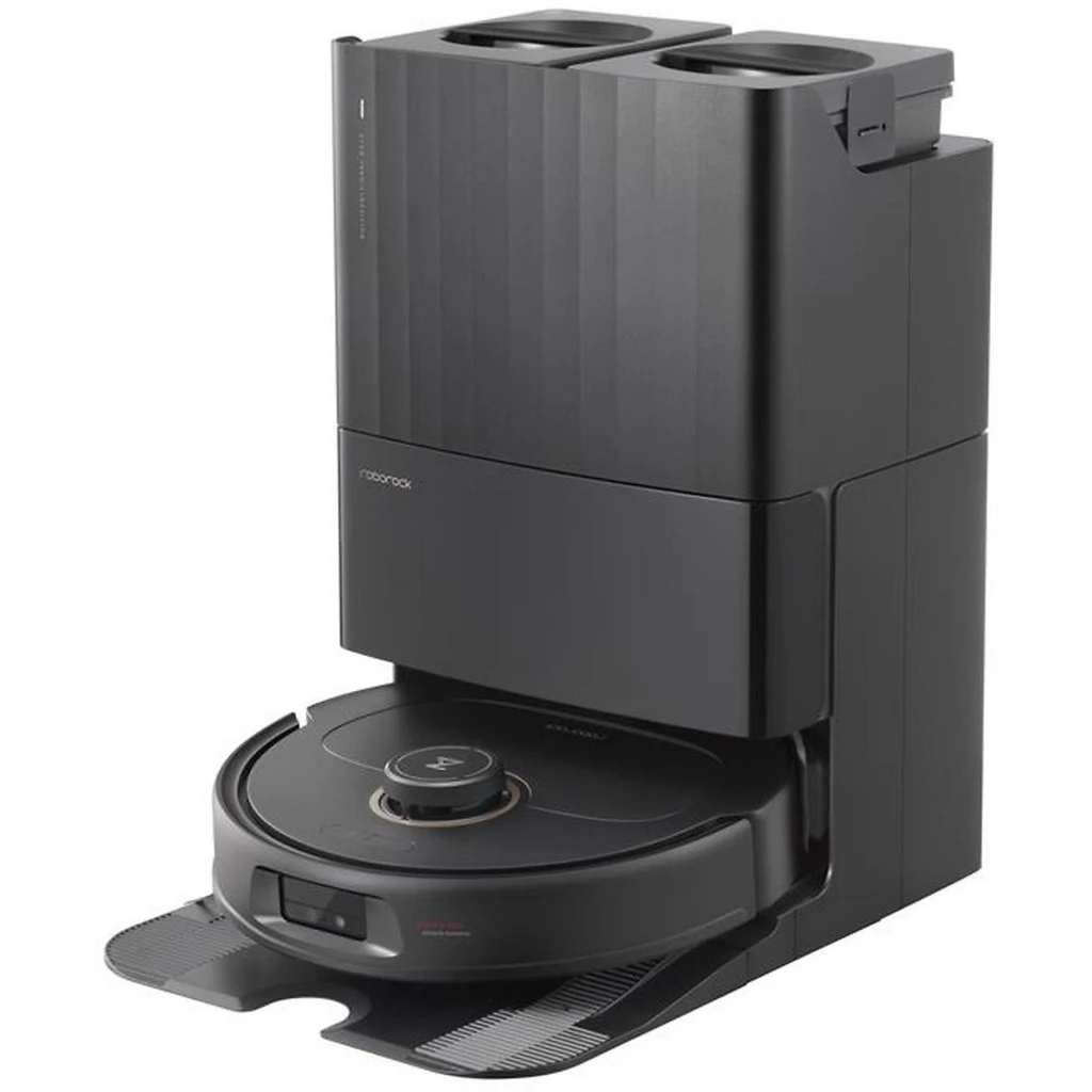 Roborock Qrevo MaxV Negro con base de autolimpieza; robot aspirador y trapeador con estación alta, acabado mate, bandeja inferior texturizada y sensores