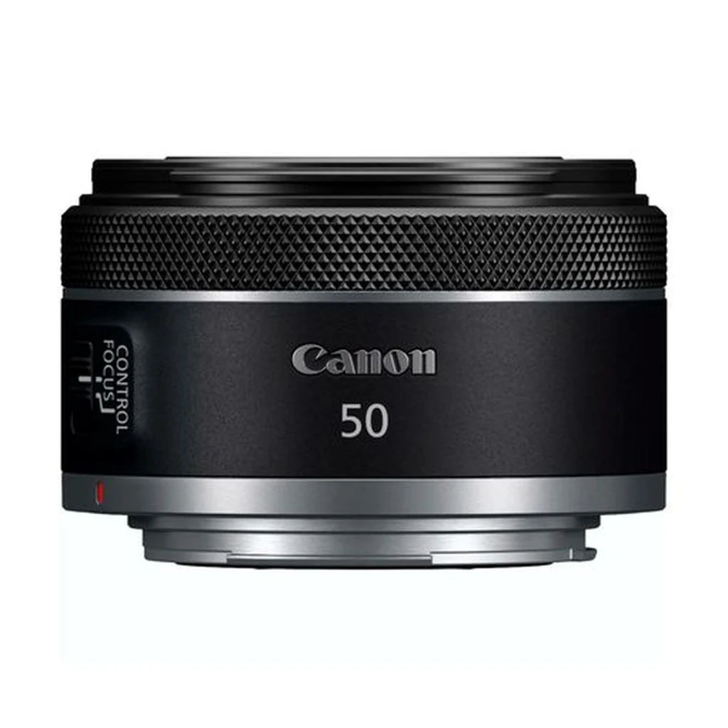 Canon RF 50mm f1.8 STM Montura RF Nativa, lente compacto en negro con aro de control texturizado, marca Canon al frente y escala 50 resaltada en blanco
