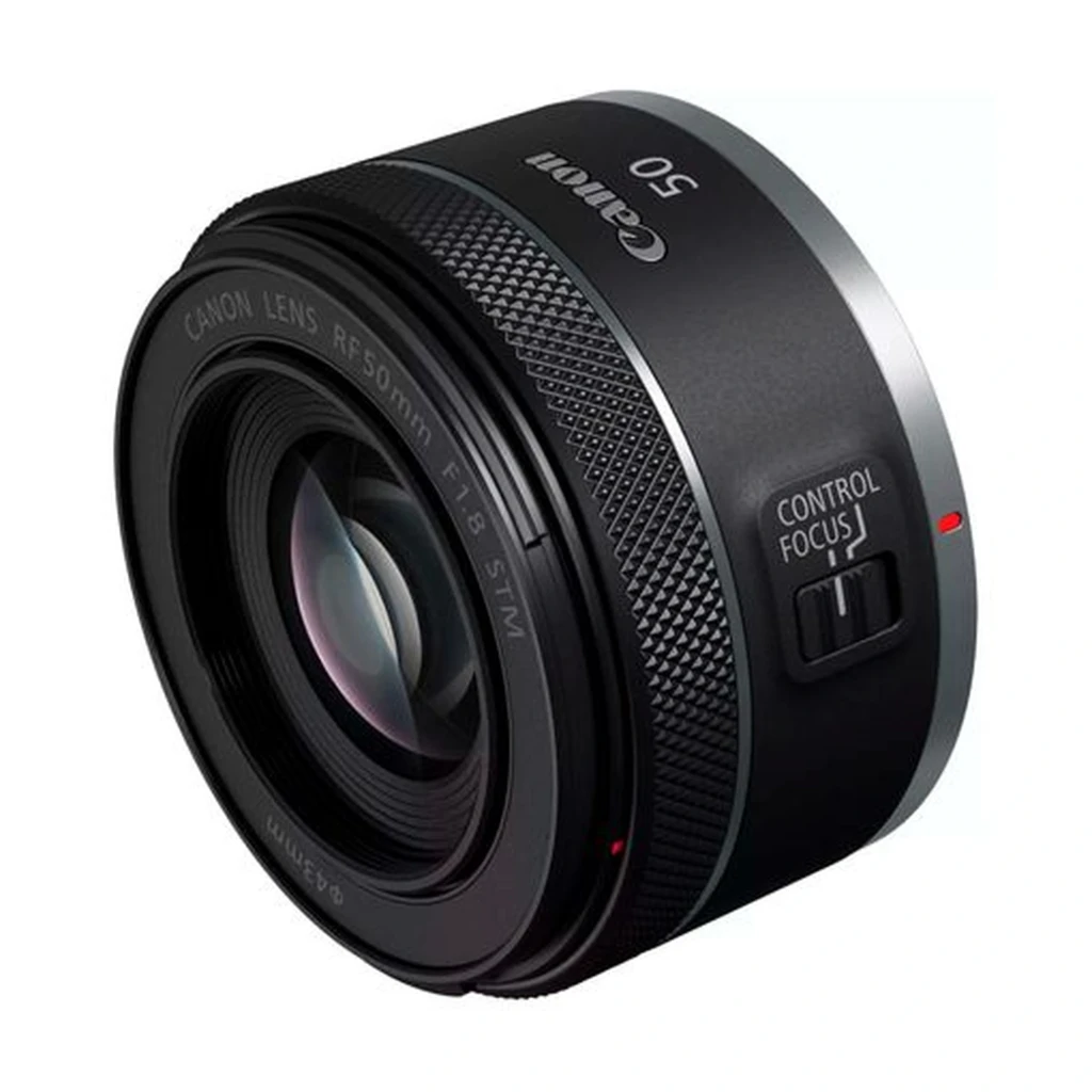 Canon RF 50mm f1.8 STM Montura RF Nativa, lente compacto negro, anillo texturizado, interruptor Control/Focus, montura metálica y elemento frontal luminoso