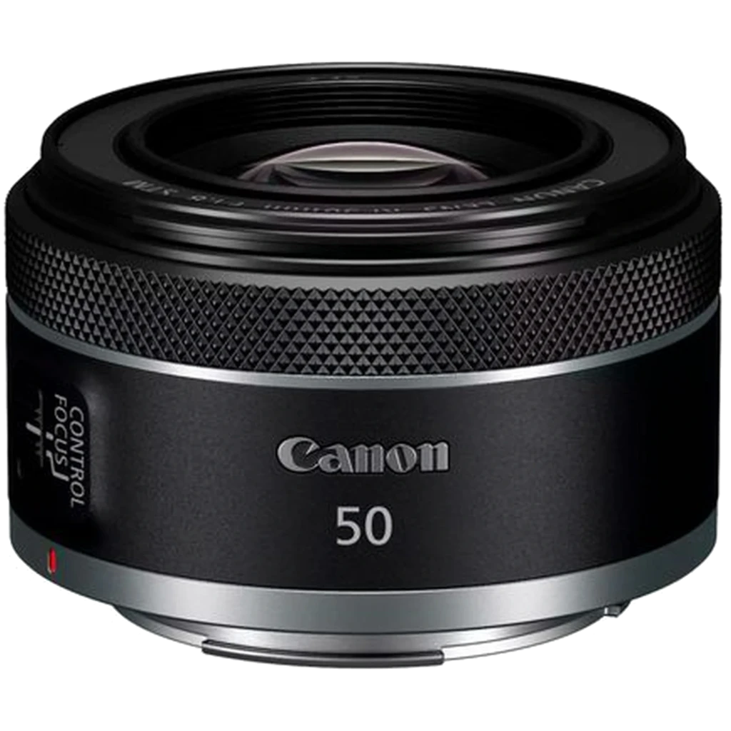 Canon RF 50mm f1.8 STM Montura RF Nativa, lente compacto negro con anillo de control texturizado, marca Canon frontal y número 50 visible en el barril