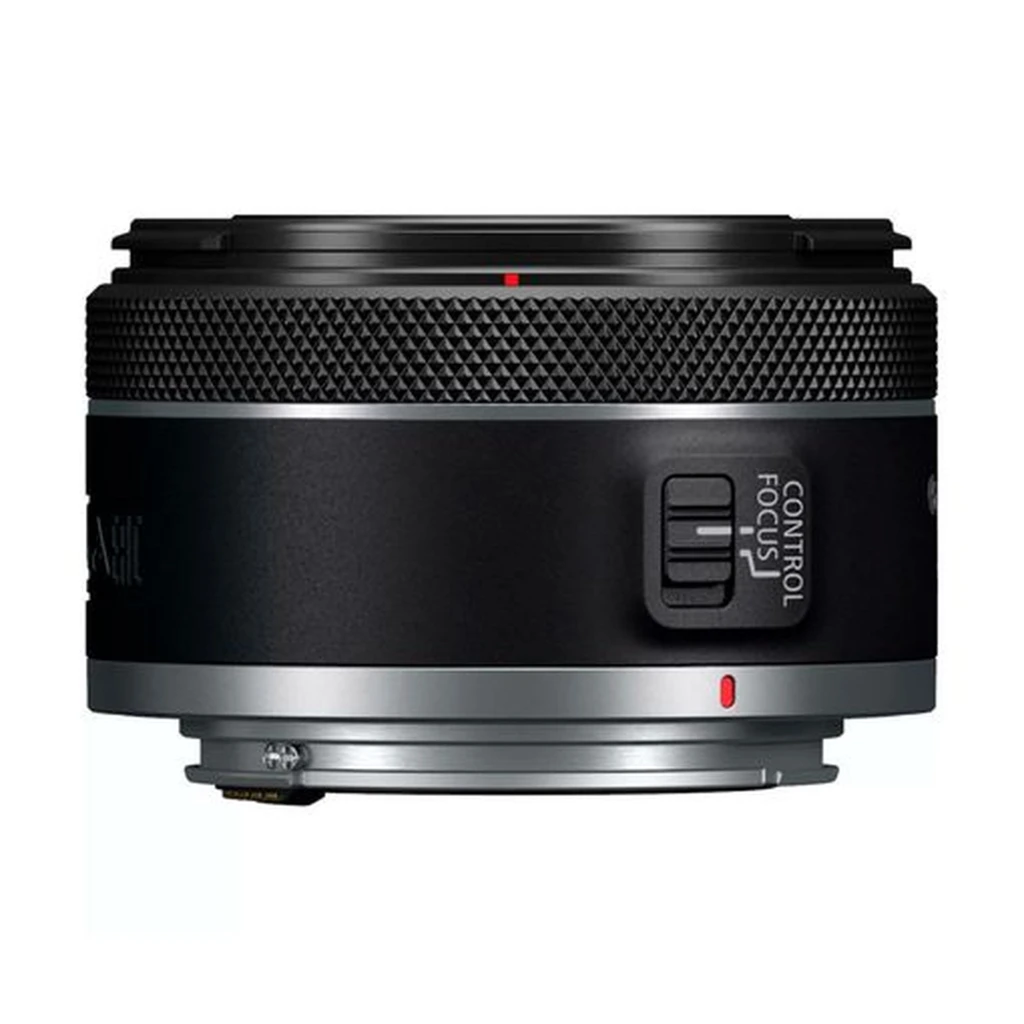 Objetivo Canon RF 50mm f1.8 STM compacto, montura RF metálica, anillo de control texturizado, interruptor Focus Control y marcas de alineación rojas