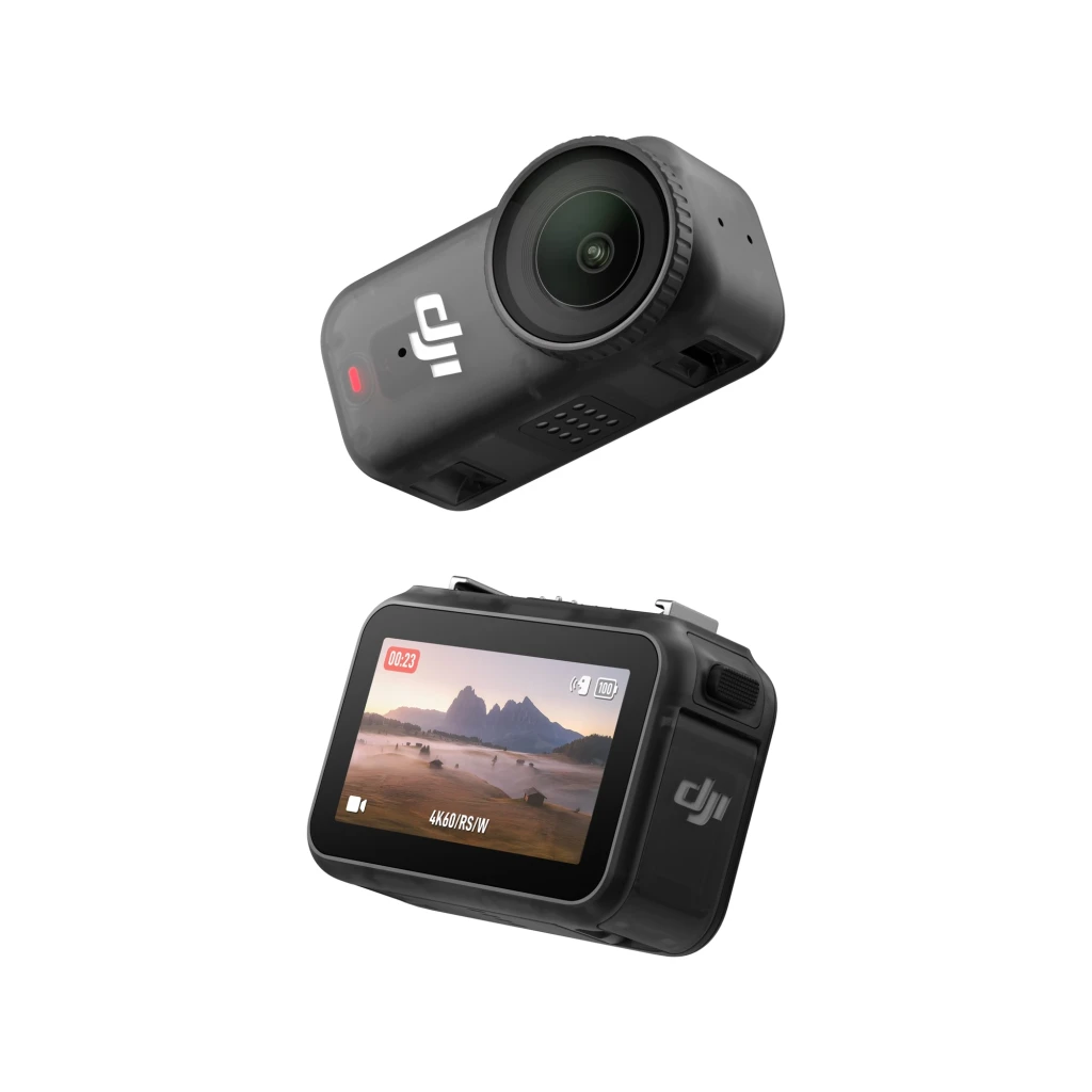 Cámara de acción DJI Osmo Nano Standard 128GB Activated 4K, cuerpo compacto gris, lente gran angular frontal y pantalla táctil trasera con interfaz clara
