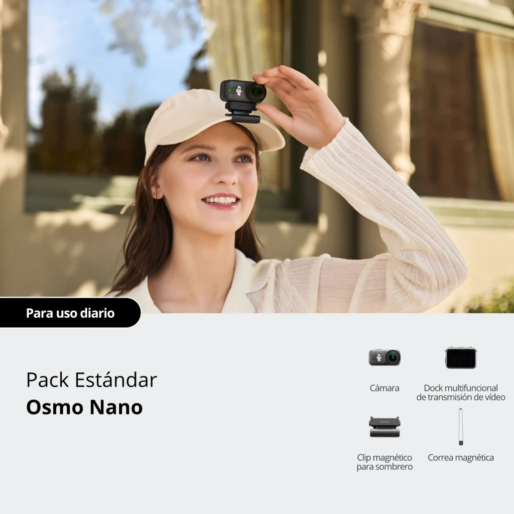 Cámara DJI Osmo Nano 4K con clip magnético para sombrero, dock de transmisión y correa magnética; pack estándar con tarjeta 128GB activada