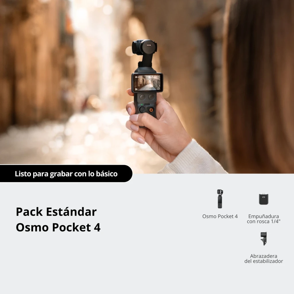 DJI Osmo Pocket 4 Standard Edition 4K 120fps, caméra compacte avec gimbal 3 axes, écran tactile, poignée avec rosette 1/4 et abrazadera de stabilisateur
