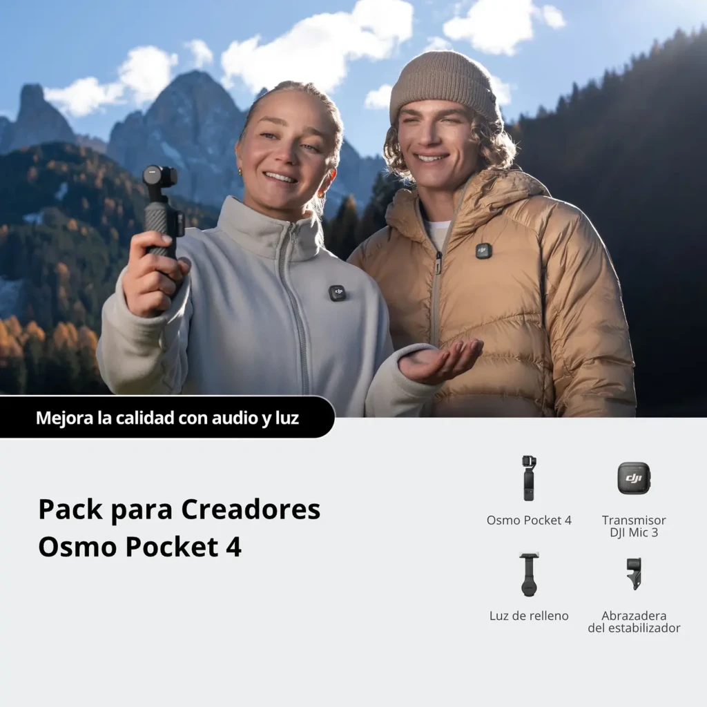DJI Osmo Pocket 4 Creator Combo 4K 240fps Mic 3 con cámara de mano, transmisor DJI Mic 3, luz de relleno y abrazadera del estabilizador para creadores