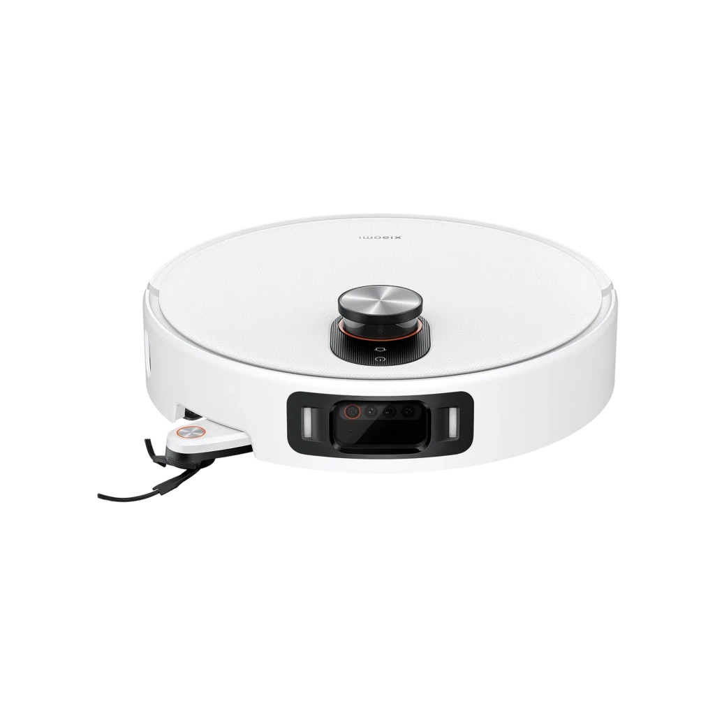 Xiaomi Robot Vacuum H50 Pro 15000Pa Estacion Omni, robot blanco circular con módulo LiDAR superior, sensor frontal y cepillo lateral desplegable