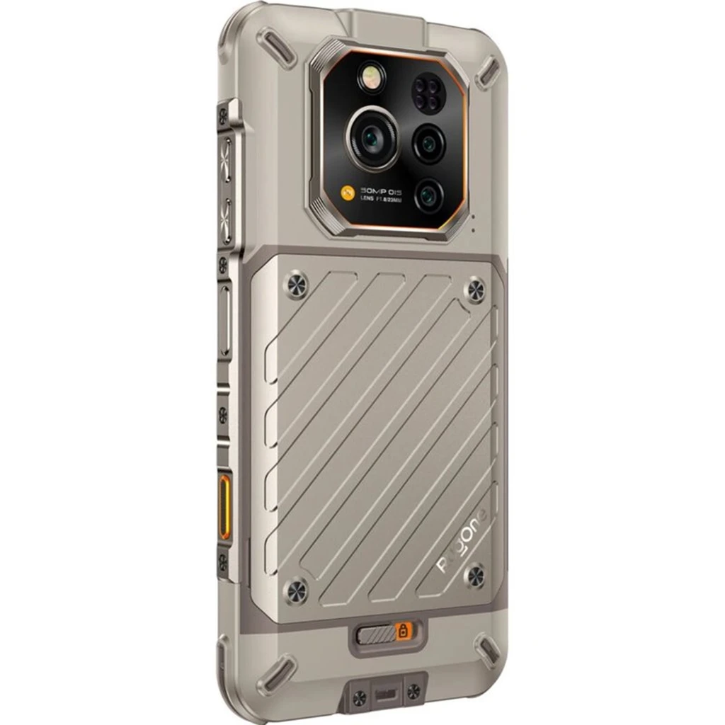 Ulefone Rugone Xever 7 Pro 5G color Sand Dune con carcasa rugerizada, panel trasero acanalado, módulo de cámara triple con flash y detalles atornillados