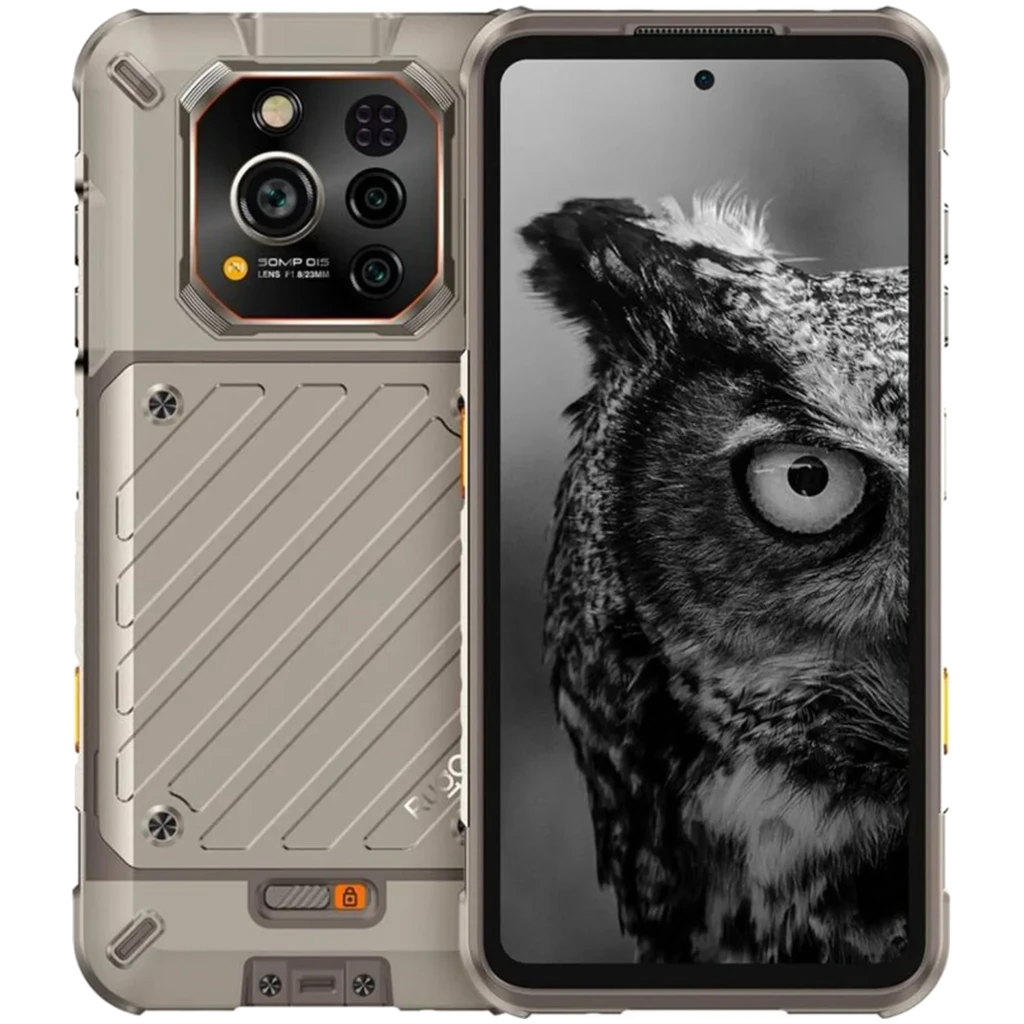 Ulefone Rugone Xever 7 5G en color arena, carcasa robusta con tornillos visibles, módulo de cámara múltiple trasero y pantalla con biseles delgados y