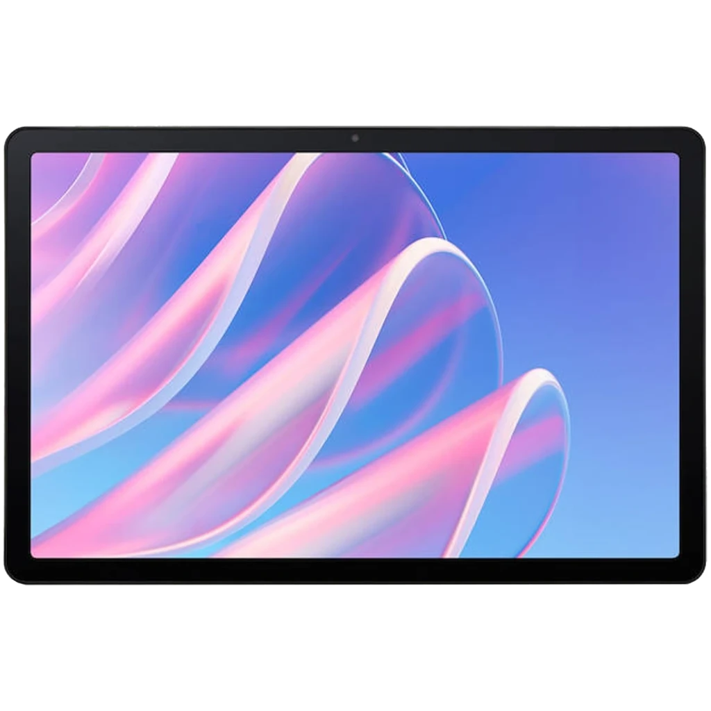 Acer Iconia Tab A11 4GB/128GB 11 Plata con pantalla amplia de bordes finos, cámara frontal centrada y fondo degradado azul con ondas rosadas brillantes