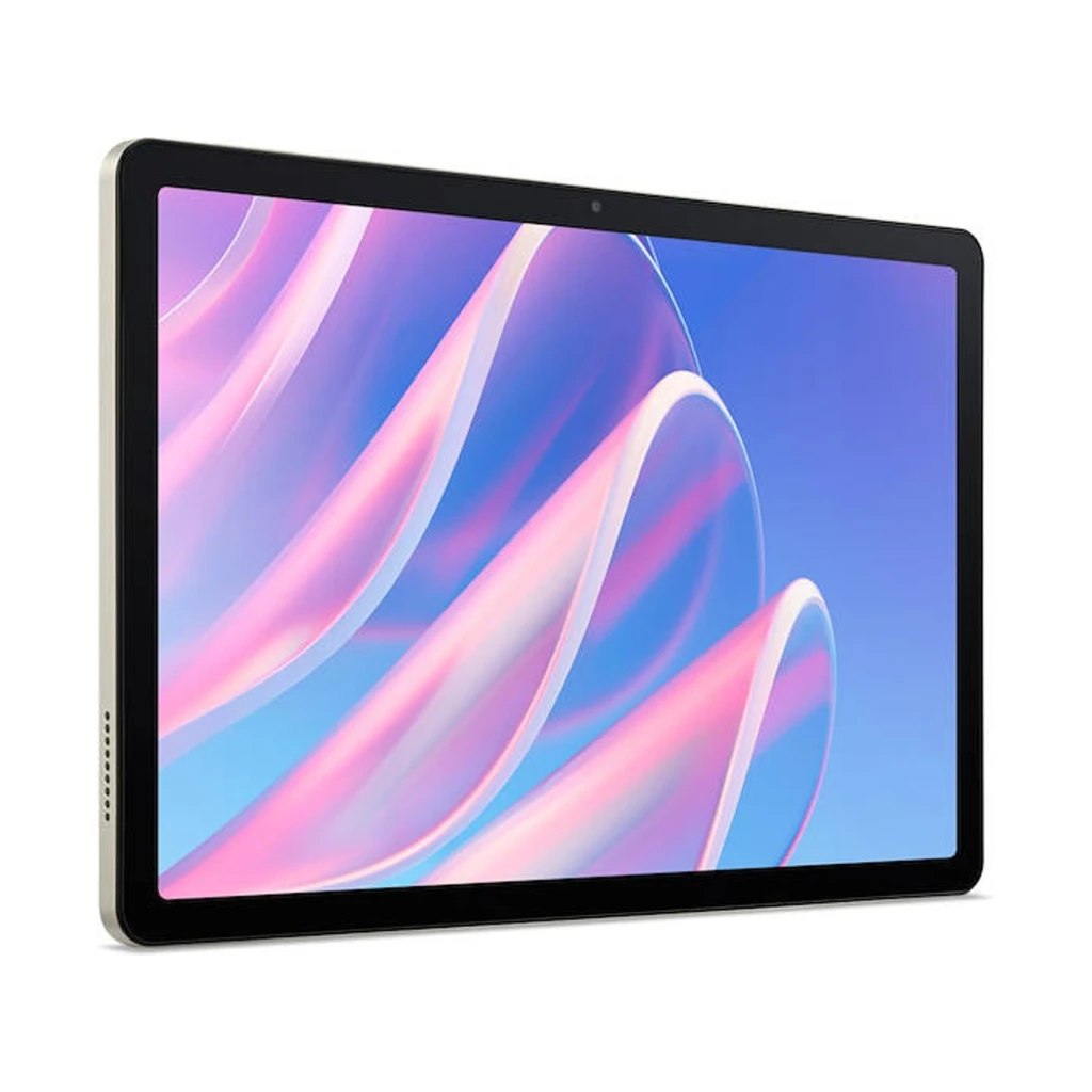 Acer Iconia Tab A11 11 pulgadas plata con marco delgado, cámara frontal centrada y altavoces laterales; pantalla con bordes negros y fondo azul rosado