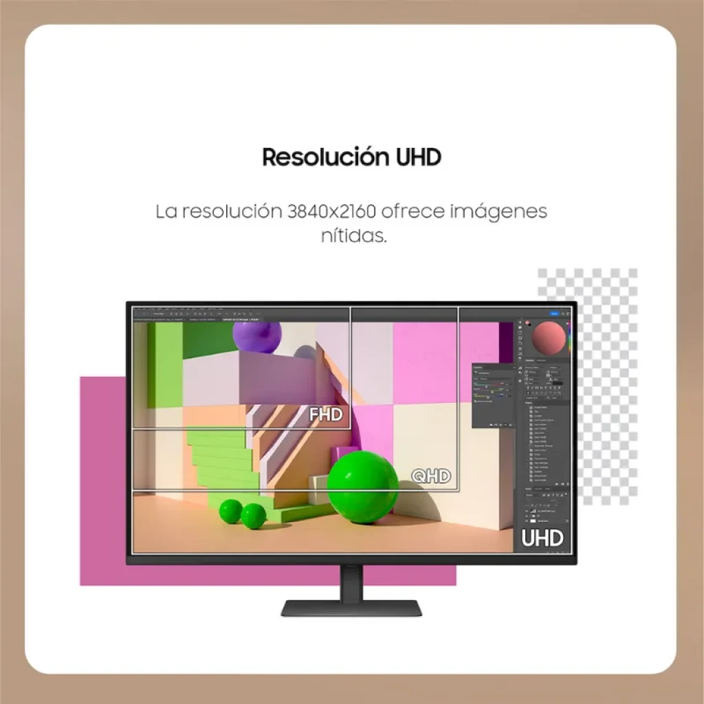 Samsung Viewfinity S70D 37 pulgadas 4K UHD VA 60 Hz con biseles finos, base rectangular y pantalla amplia que muestra comparación FHD QHD UHD en colores vivos