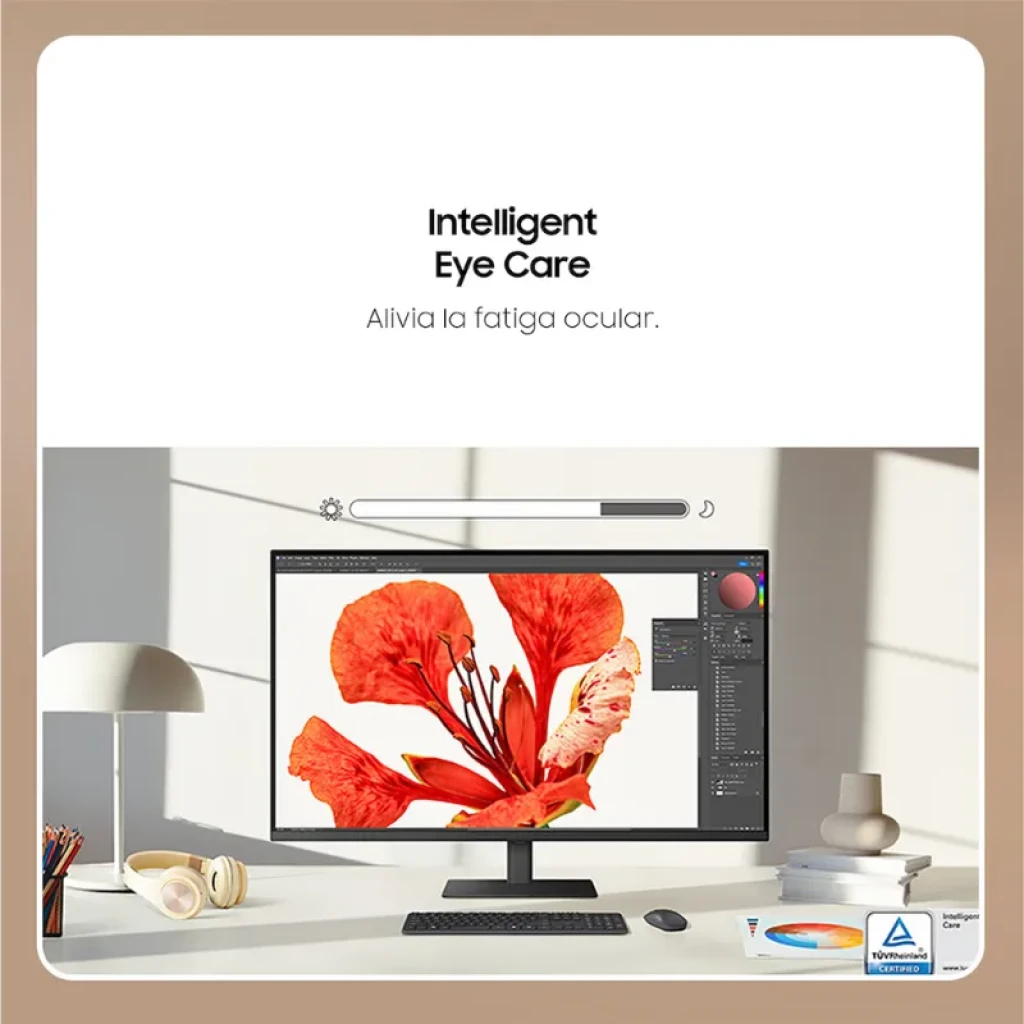 Monitor Samsung Viewfinity S70D 37 pulgadas 4K UHD VA 60 Hz con imagen nítida de flor roja, marco delgado, base rectangular y cuidado visual inteligente
