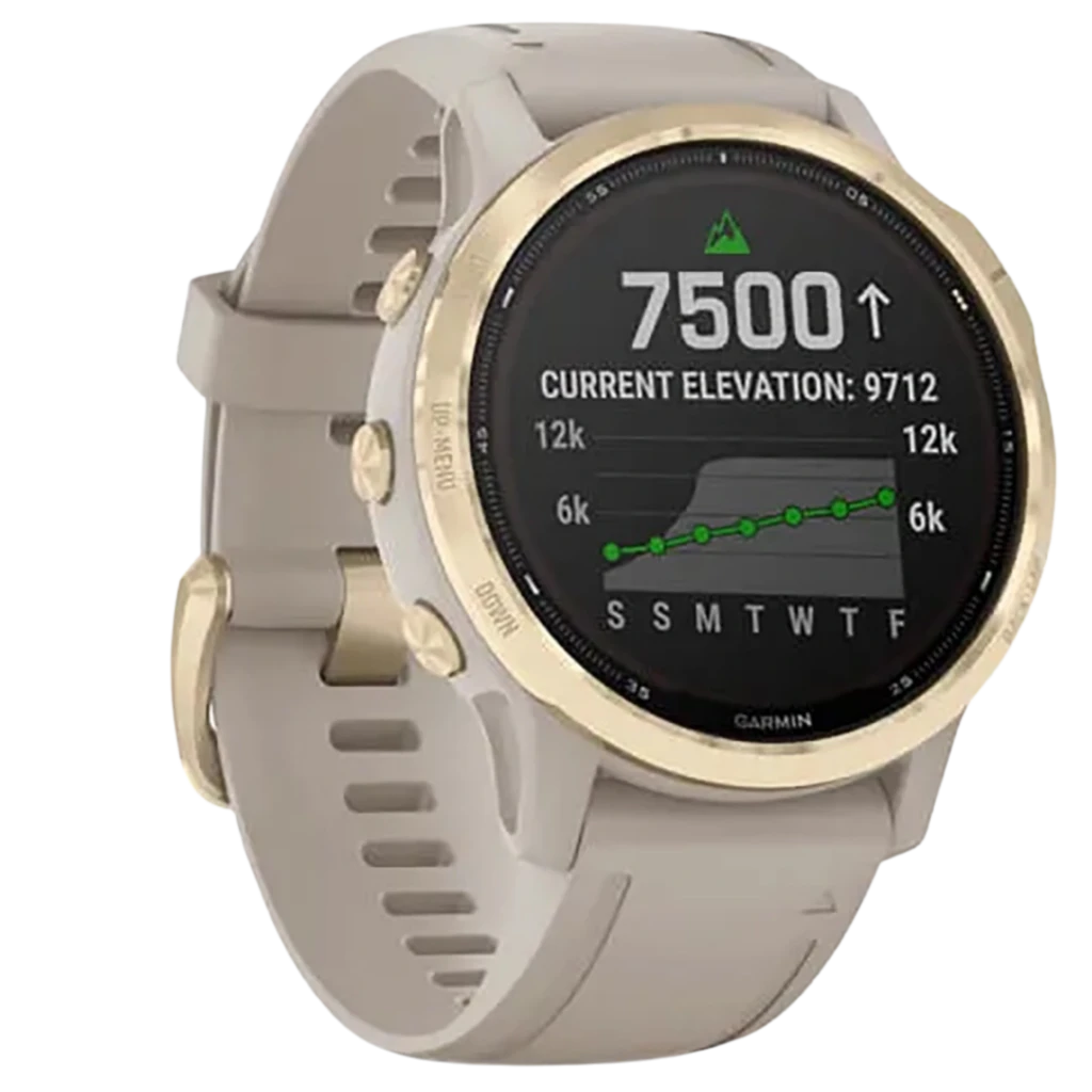 Garmin Fenix 6S Pro Dorado 42 mm renovado premium con bisel dorado, correa beige y pantalla circular con métricas de altitud y gráfico semanal