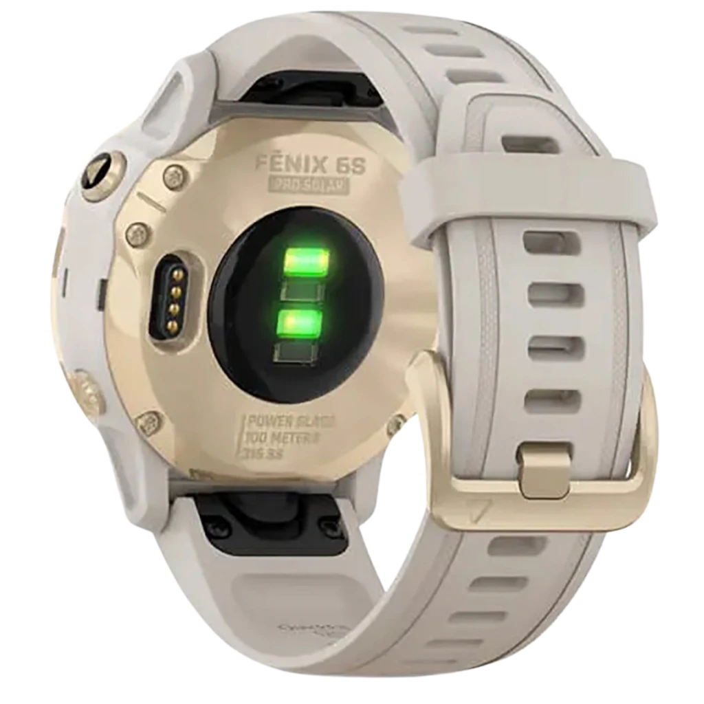 Garmin Fenix 6S Pro Dorado 42 mm renovado premium con sensor óptico verde, bisel dorado, correa silicona beige y hebilla metálica, resistente 100 m