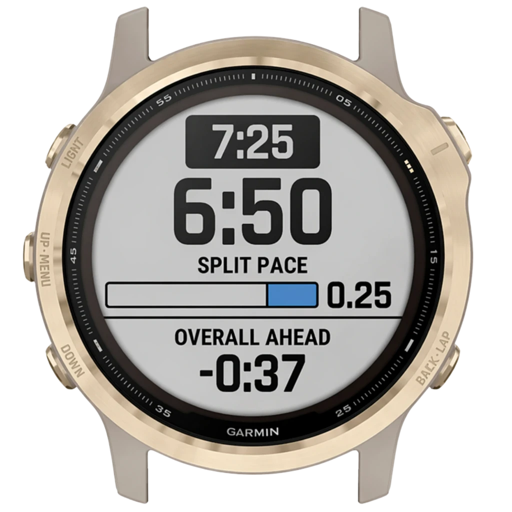 Garmin Fenix 6S Pro Solar Gris Arena 42 mm renovado premium con bisel dorado, pantalla circular con datos de ritmo dividido, adelanto total y botones laterales
