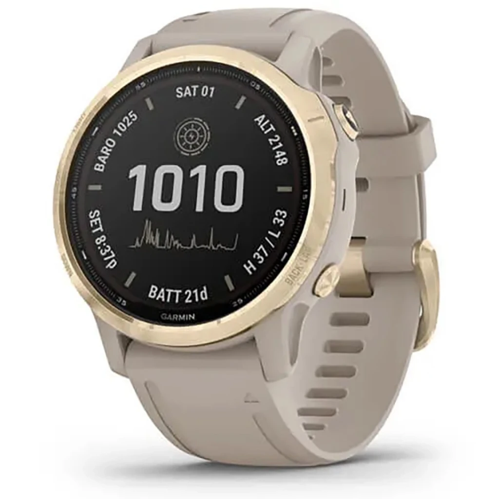Garmin Fenix 6S Pro Dorado 42 mm renovado estado premium con bisel dorado, correa beige de silicona, pantalla negra con métricas de actividad y batería 21d