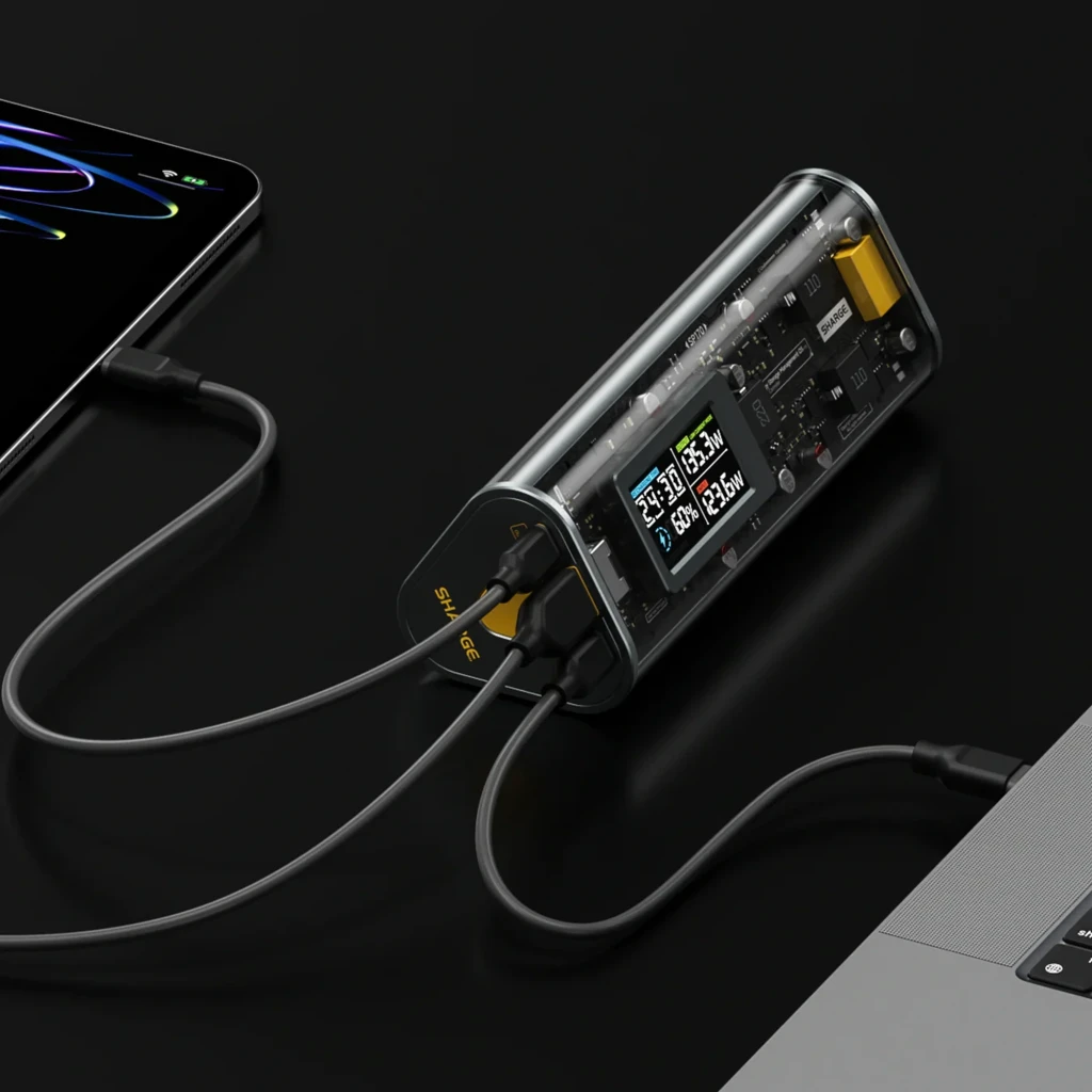Power bank SHARGE SHARGEEK 170 140W 24000 mAh con carcasa transparente, pantalla inteligente, dos puertos USB-C y USB-A, cables conectados a tablet y laptop