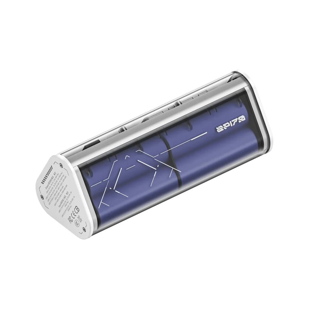 Power bank SHARGE SHARGEEK 170 cilíndrico con carcasa transparente, batería azul visible, pantalla inteligente, puertos USB y diseño futurista portátil