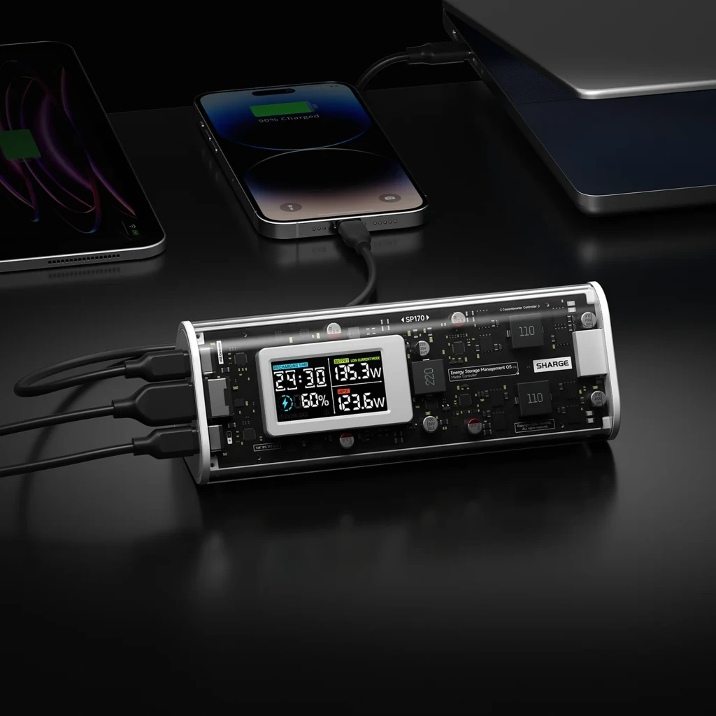 SHARGE SHARGEEK 170 power bank transparente de 24000 mAh y 140W con pantalla inteligente; puertos USB-C y USB-A múltiples, diseño cilíndrico y carcasa