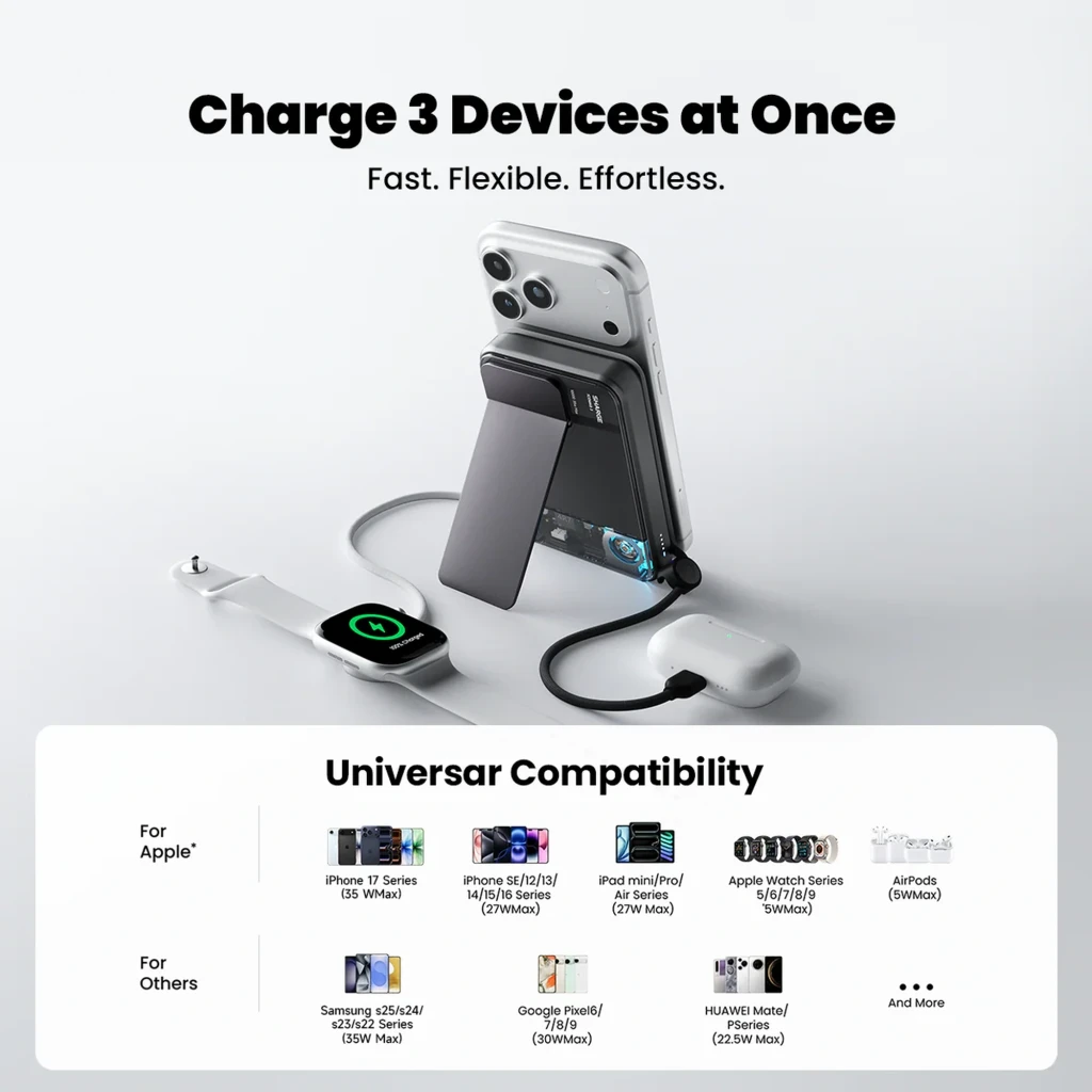 Power bank Sharge ICEMAG 3 Qi2 25W 10000mAh con soporte plegable, imán MagSafe, ventilación activa y carga simultánea para iPhone, Apple Watch y earbuds