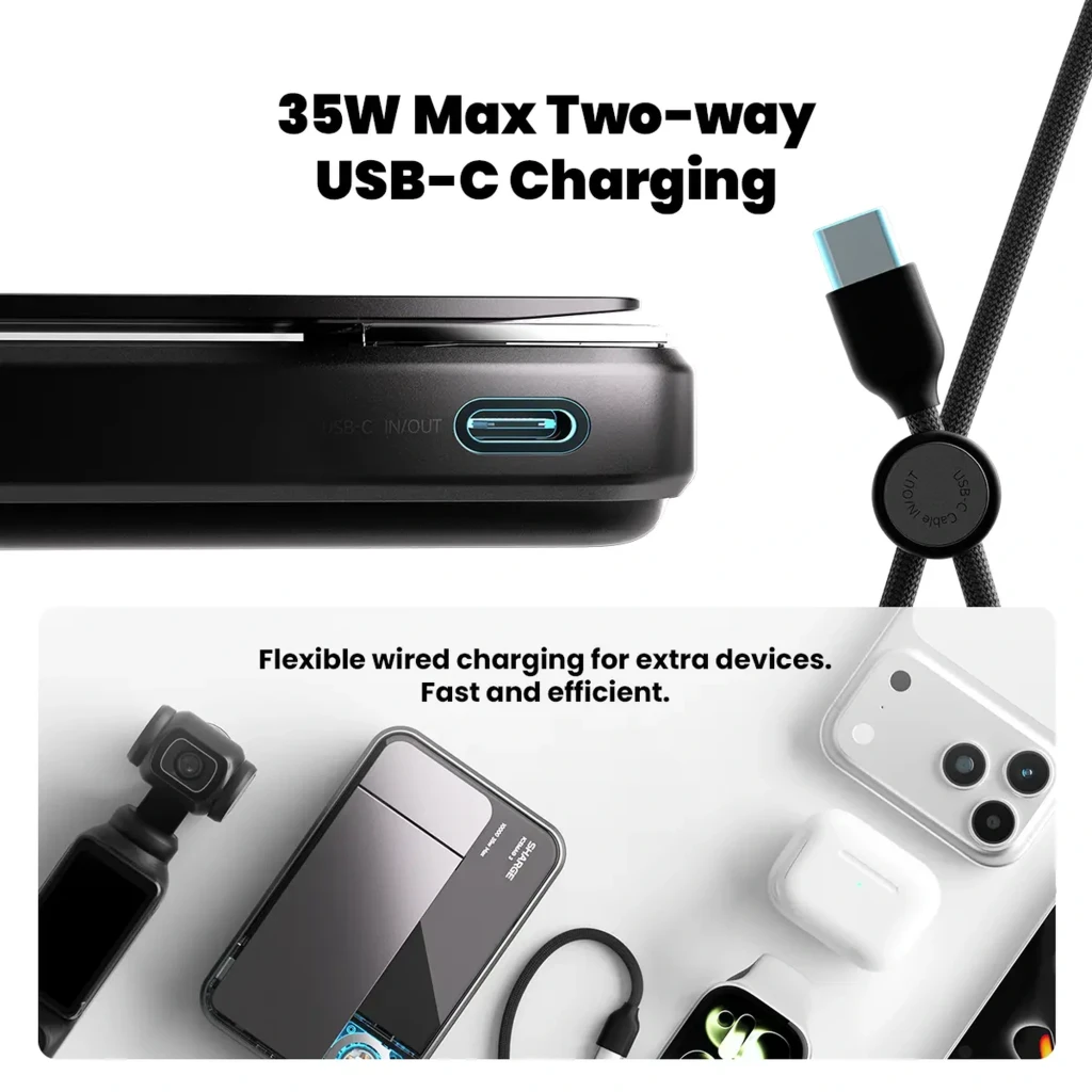 Power bank Sharge ICEMAG 3 negro con puerto USB‑C azul, cable trenzado USB‑C, carga bidireccional 35W y superficie magnética para iPhone y accesorios