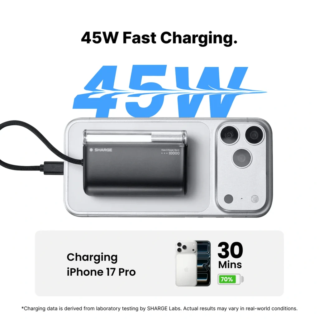 Power bank SHARGE Flow 3 45W 10000mAh con cable USB-C integrado, diseño compacto en negro, indicador LED y carga rápida; recarga un iPhone 17 Pro al 70% en