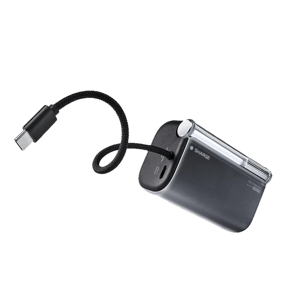 Power bank SHARGE Flow 3 45W 10000mAh en negro, compacto con pantalla lateral y cable USB-C integrado trenzado, puerto extra USB-C y diseño curvo elegante