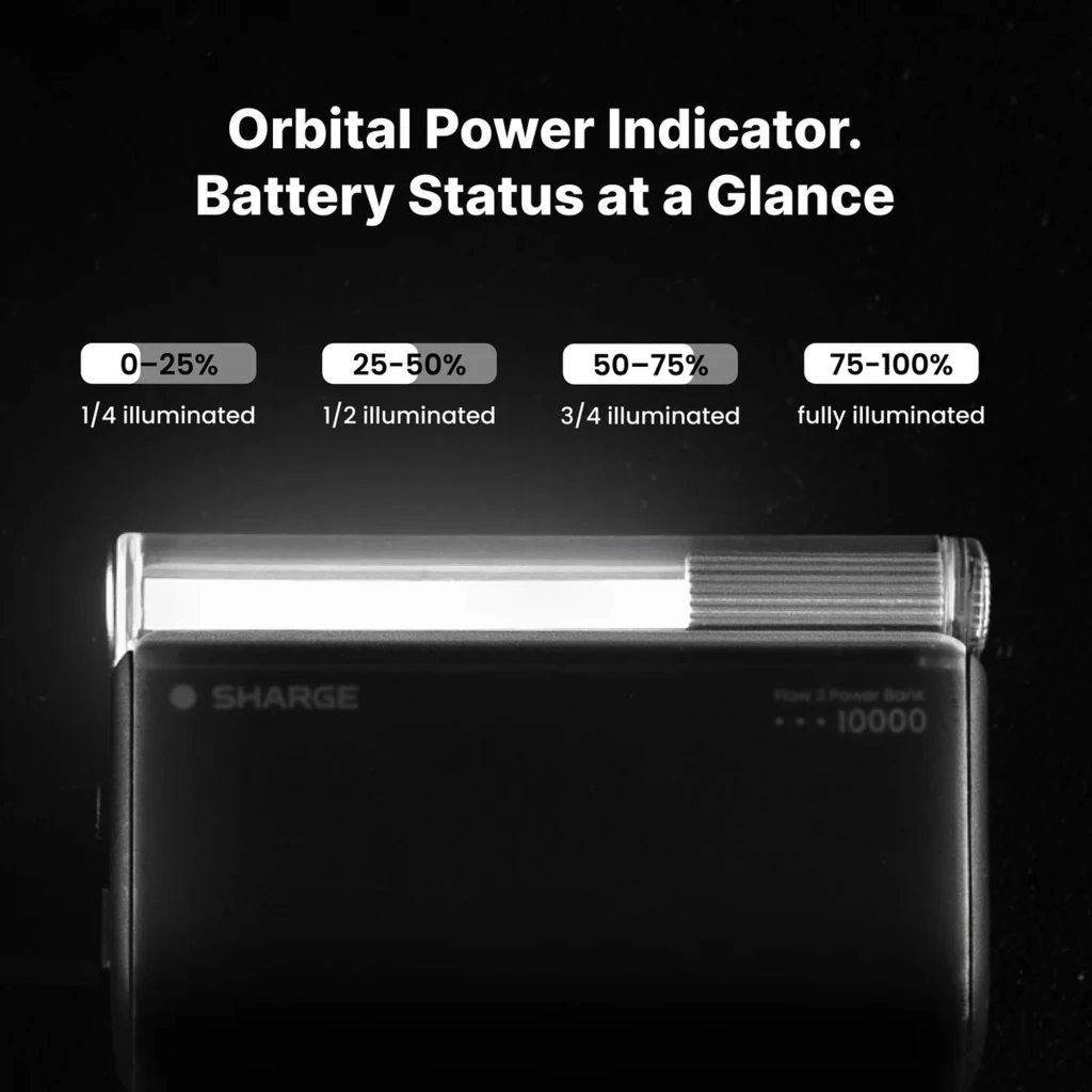 Indicador orbital de batería con barra luminosa segmentada 0–100. Cuerpo negro SHARGE, iconos de carga 0–25, 25–50, 50–75 y 75–100 claramente