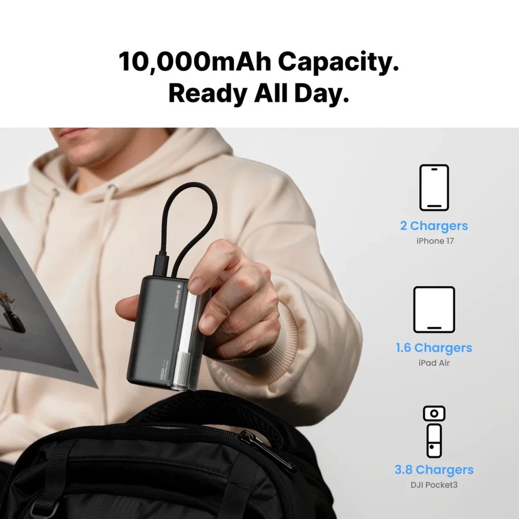 Power bank SHARGE Flow 3 compacto y negro, 10000mAh, salida 45W, cable USB-C integrado corto, indicador LED lateral, diseño minimalista portátil