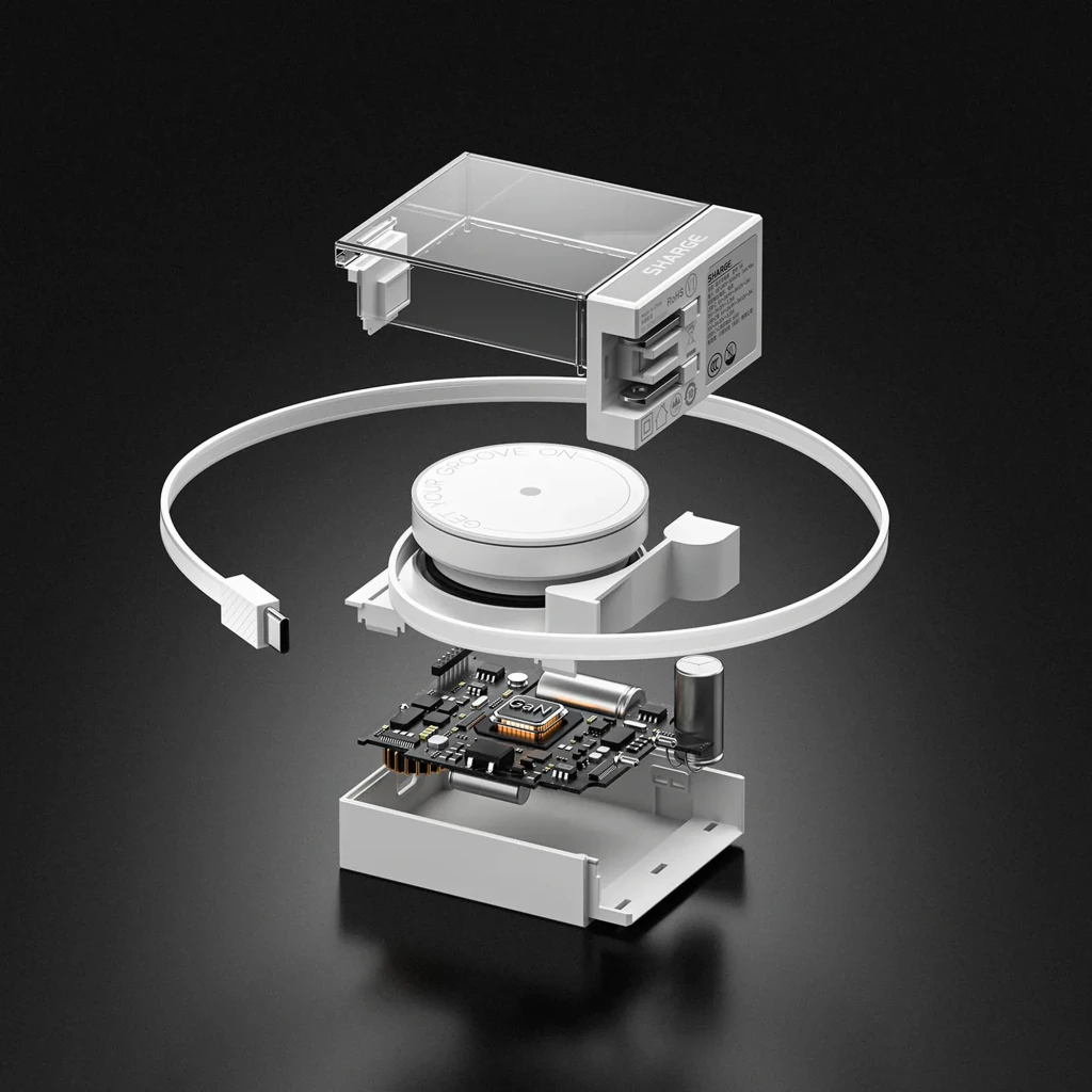 Cargador GaN SHARGE 65W retráctil con cable USB-C integrado, carcasa transparente, doble puerto PD 3.0, diseño modular y compacto en color blanco