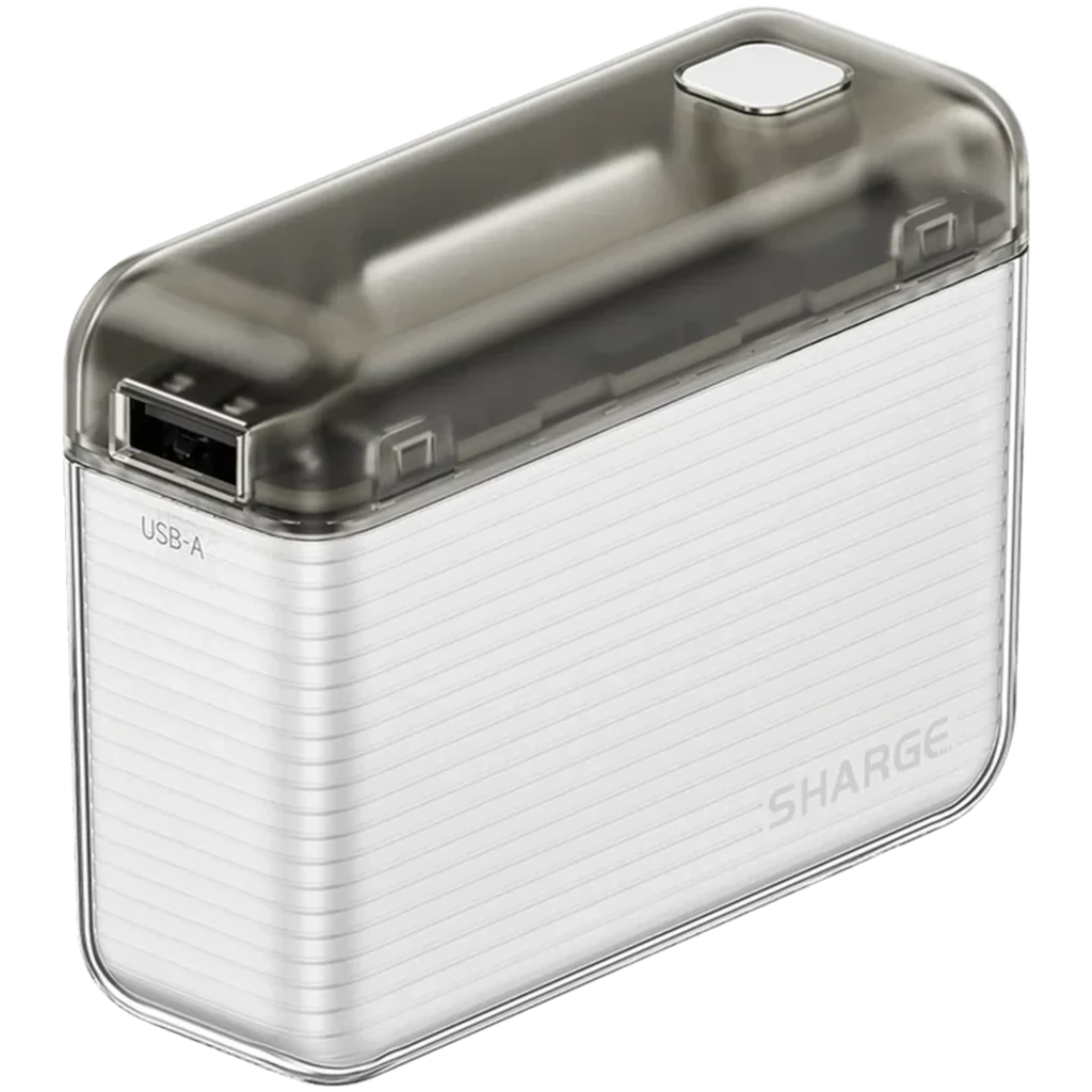 SHARGE Flow 20W 10000 mAh Transparente – power bank compacto con carcasa translúcida, puerto USB-A visible y acabado estriado blanco con logo SHARGE