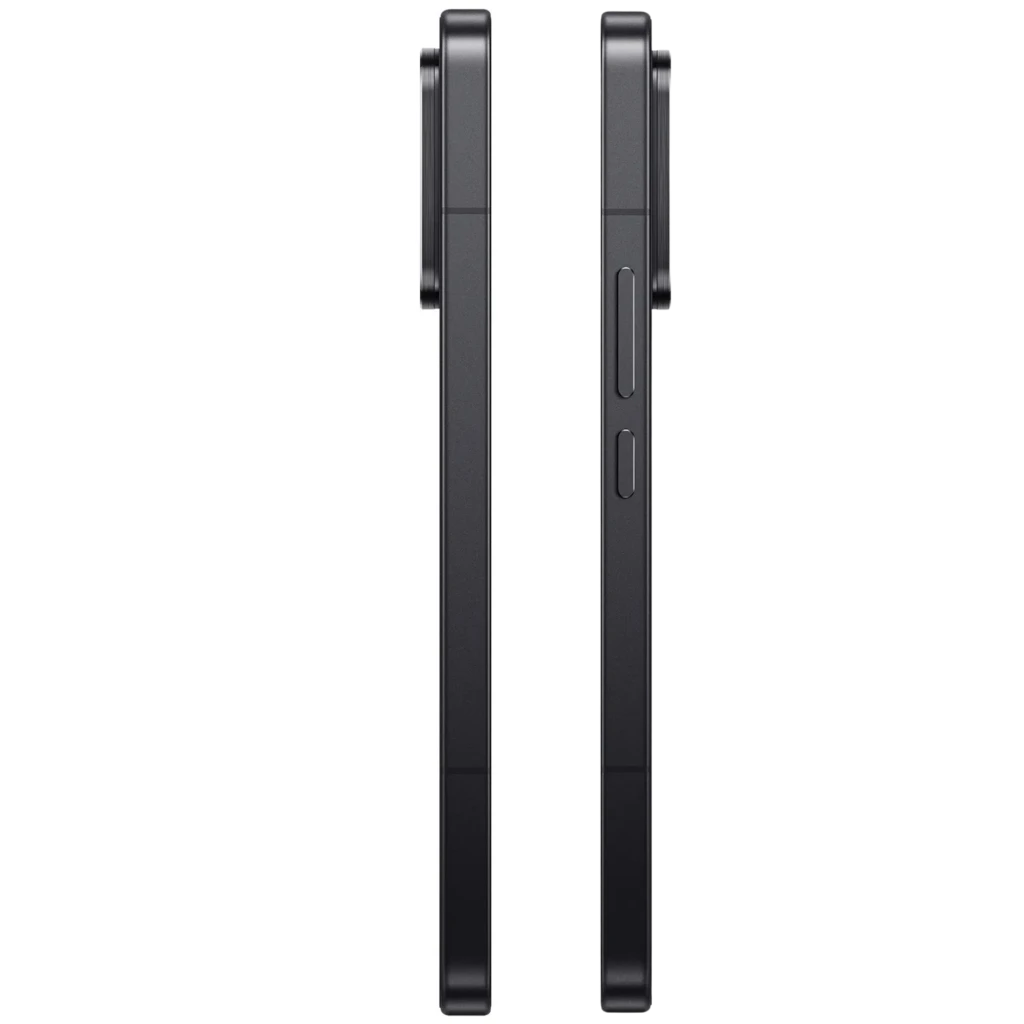 Perfil lateral del Xiaomi 17T Pro 5G negro con marco metálico recto, botones de volumen y encendido, y módulo de cámara trasera prominente y cuadrado