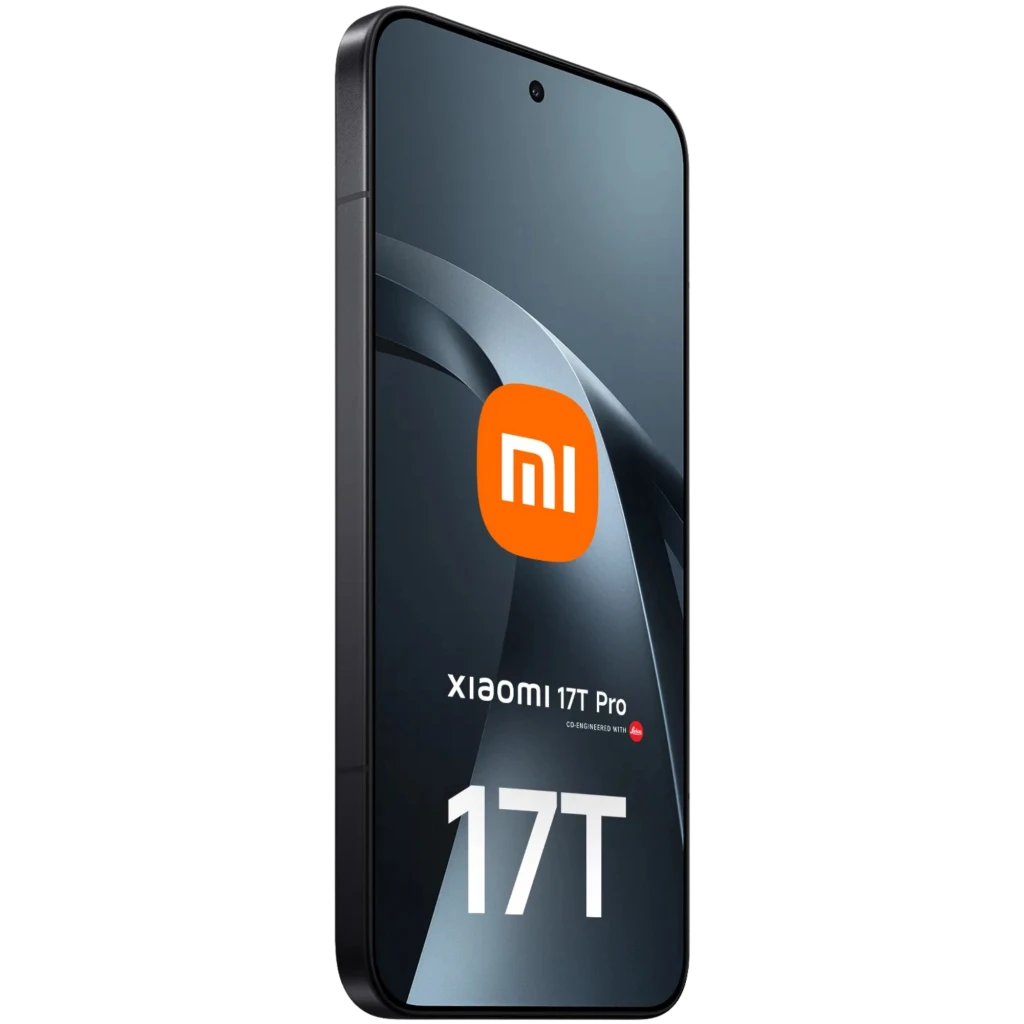 Xiaomi 17T Pro 5G negro con pantalla amplia casi sin bordes, cámara frontal en orificio central, marco metálico y diseño elegante en tonos gris oscuro