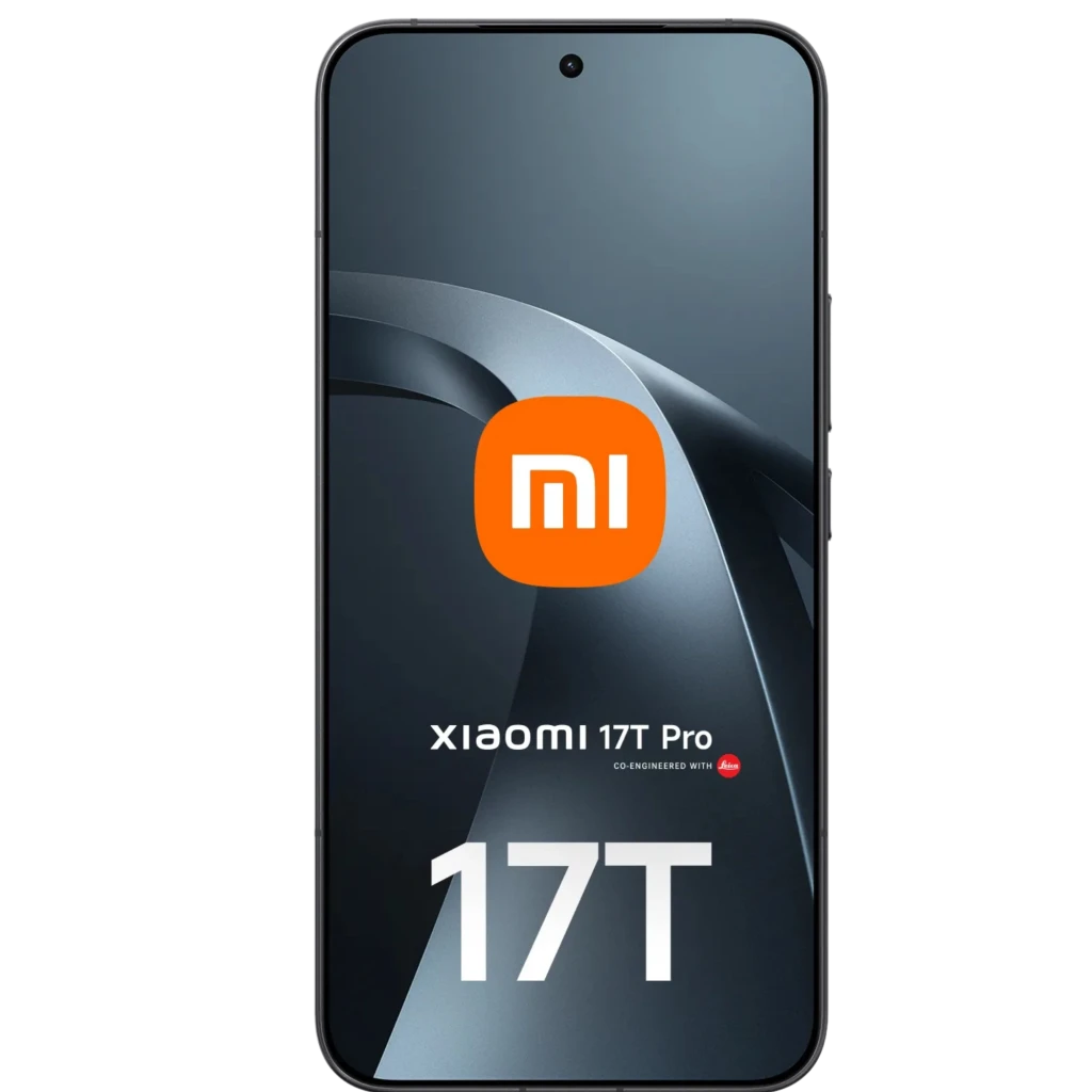 Xiaomi 17T Pro 5G negro con pantalla completa de bordes delgados, cámara frontal en agujero centrado y logo MI destacado en el display