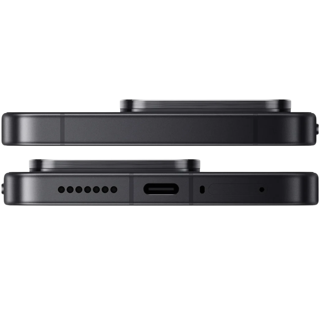 Bordes planos en negro, módulo de cámara trasera prominente, altavoces alineados, puerto USB-C centrado y ranura SIM; diseño delgado y minimalista