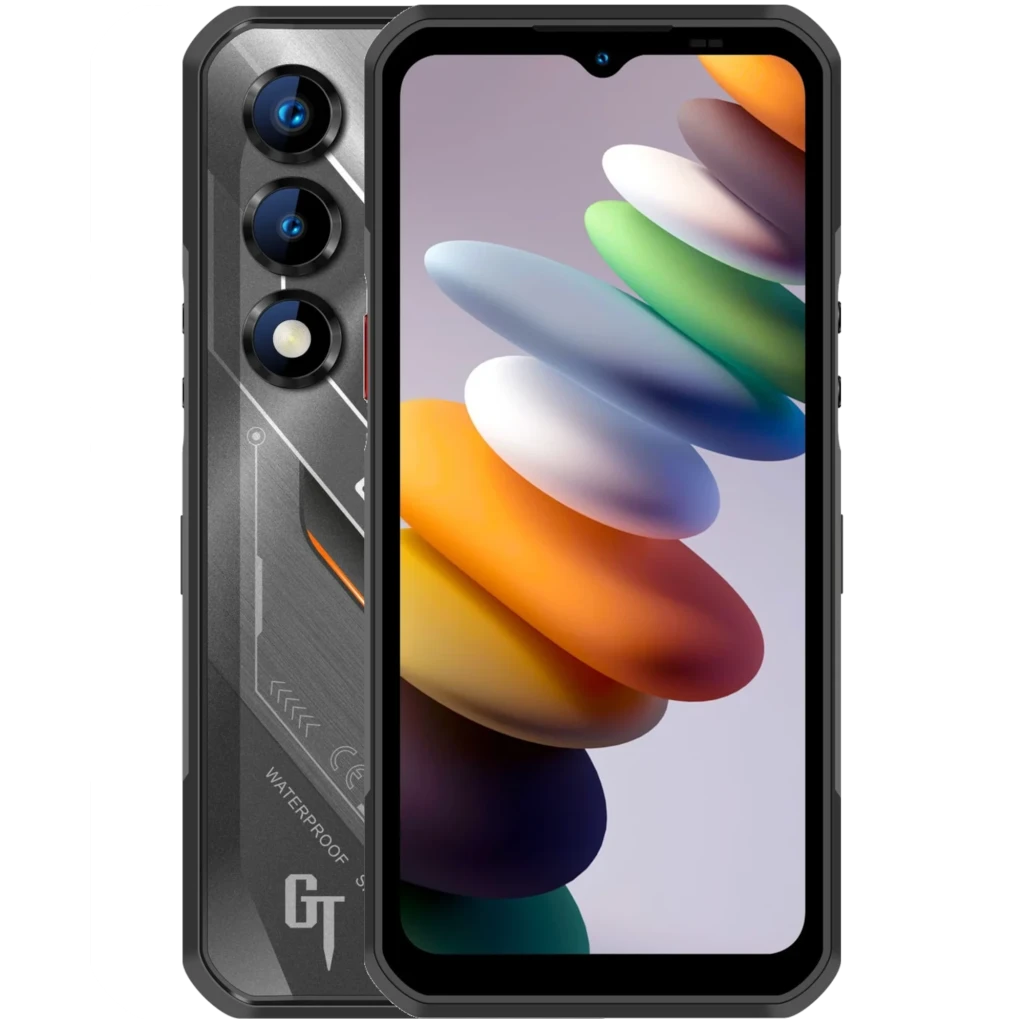 Oukitel WP66 5G negro rugerizado con marco robusto, triple cámara trasera vertical con aro azul, pantalla grande con notch en V y bordes reforzados