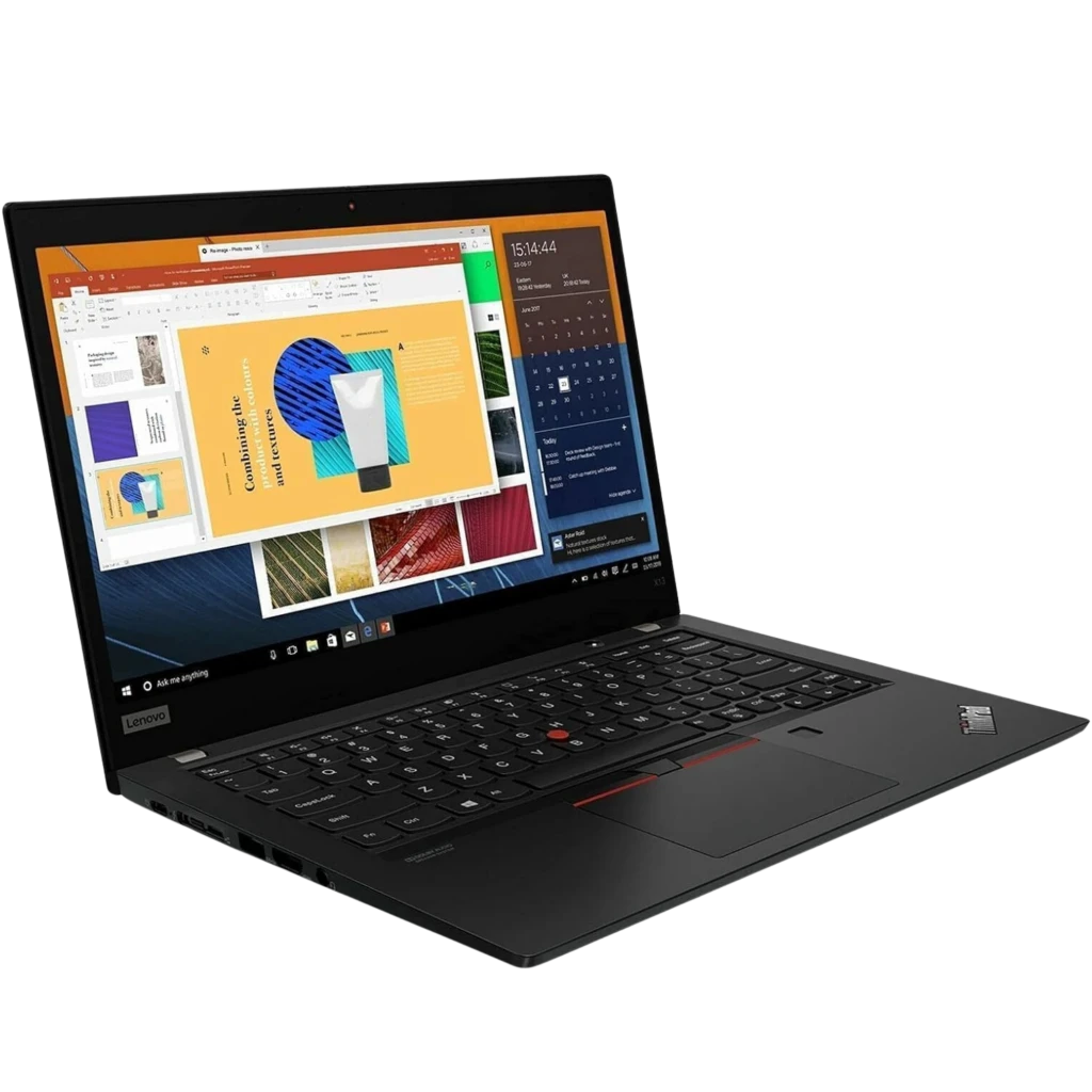 Portátil Lenovo ThinkPad X13 Gen 1 negro, 13.3 pulgadas, teclado retroiluminado con TrackPoint rojo, diseño delgado, pantalla abierta mostrando apps de