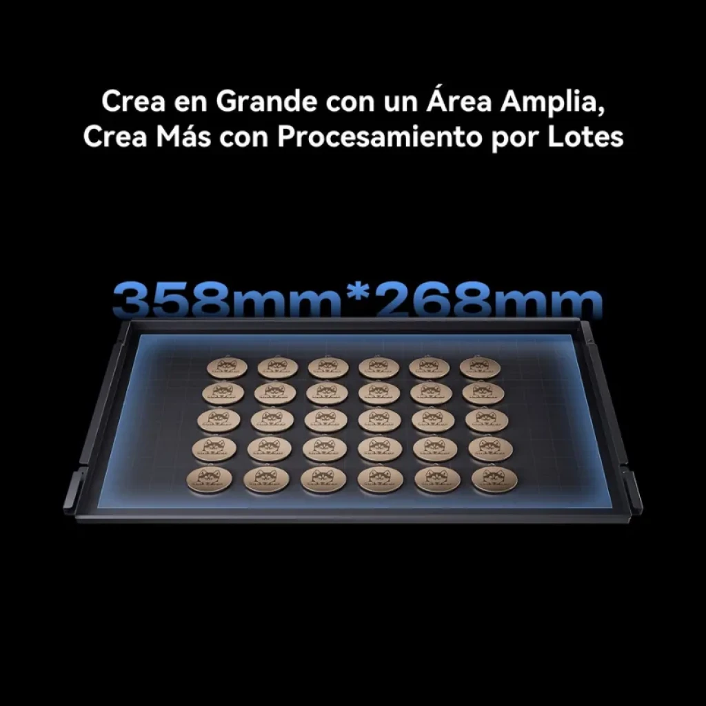 Área de trabajo 358 mm x 268 mm con procesado por lotes, mostrando múltiples piezas grabadas ordenadas sobre la superficie iluminada del Falcon A1 Pro 20W