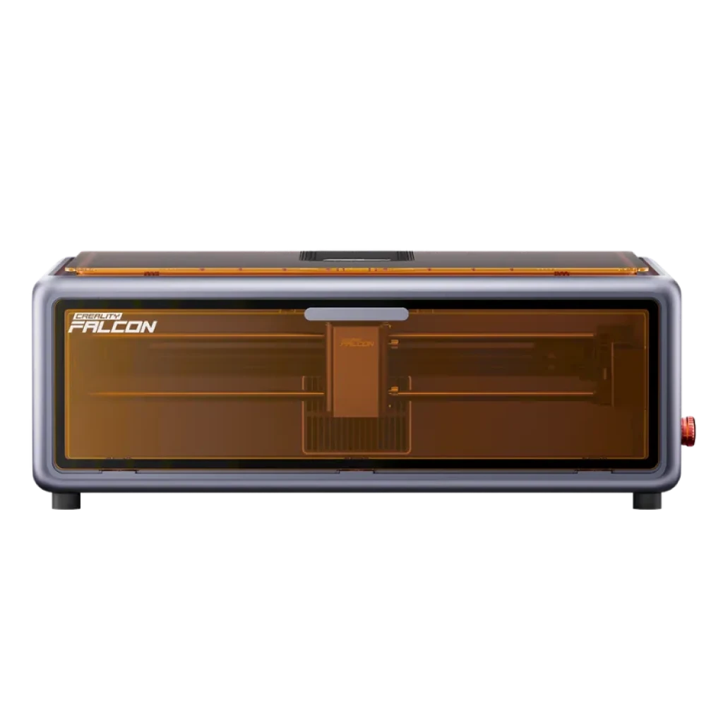 Creality Falcon A1 10W con cámara integrada, cubierta protectora ámbar, chasis metálico, botón lateral rojo y visor frontal