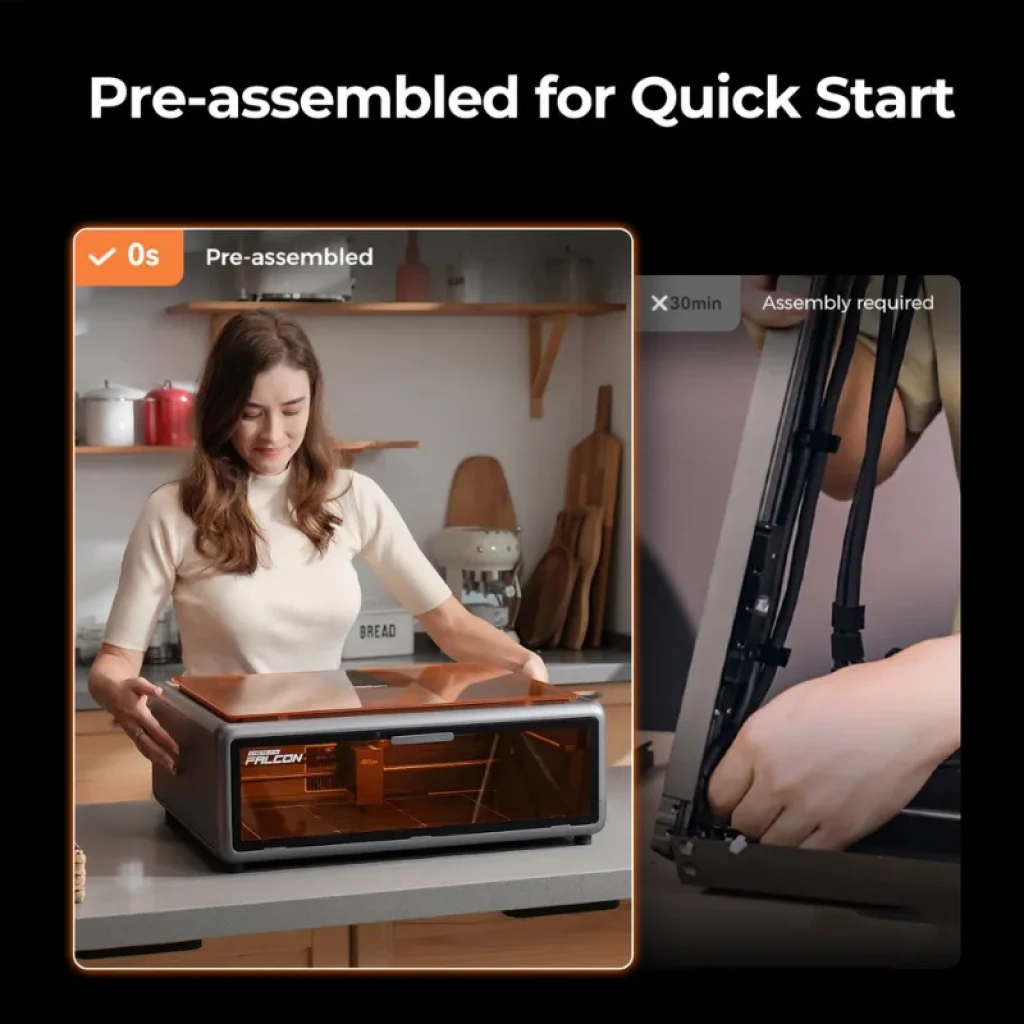 Creality Falcon A1 con cámara integrada, grabadora láser de escritorio preensamblada, chasis metálico con tapa protectora ámbar y área de trabajo